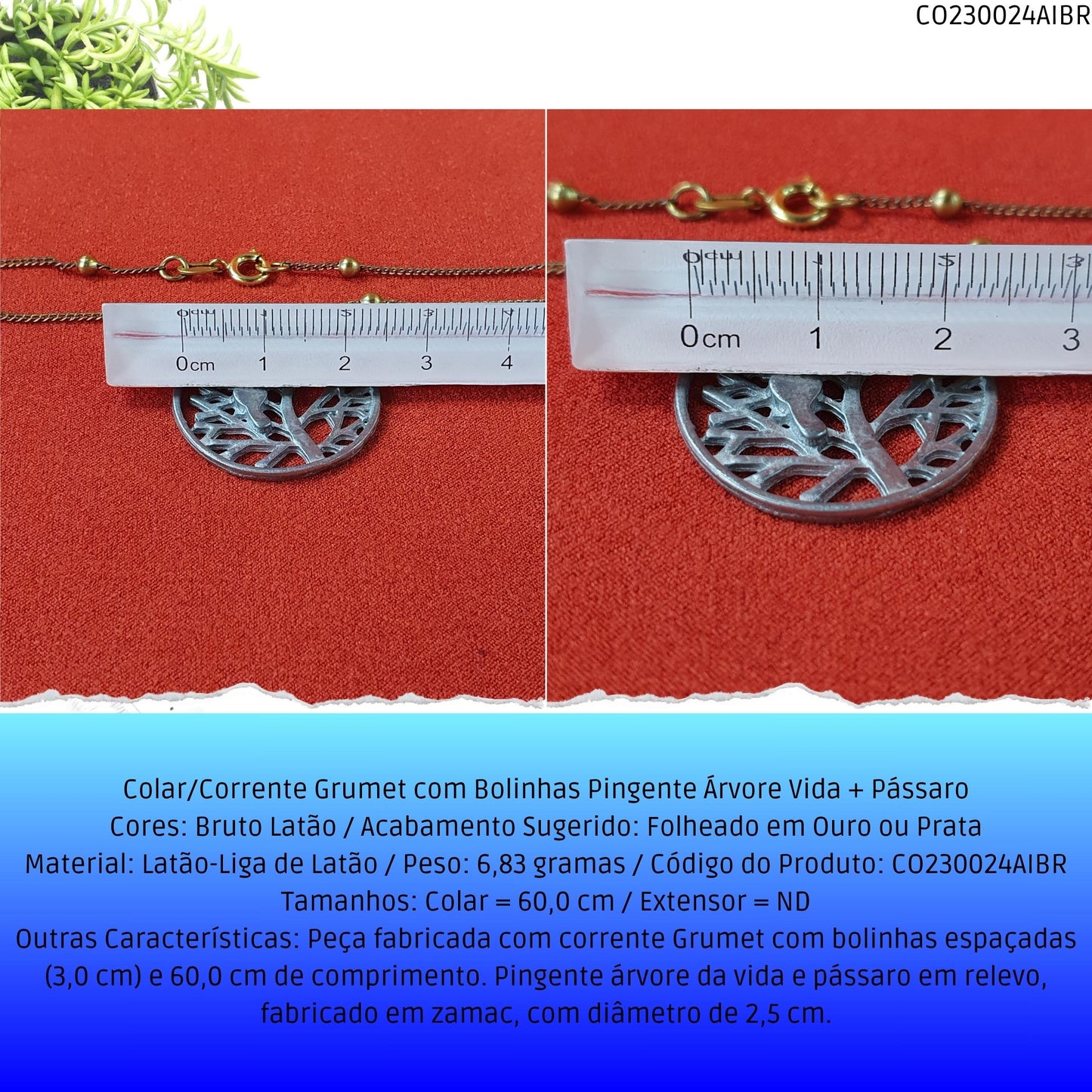 Colar/Corrente Grumet com Bolinhas Pingente Árvore Vida + Pássaro  - Código.: CO230024AIBR  - Peso.: 6.8 gr