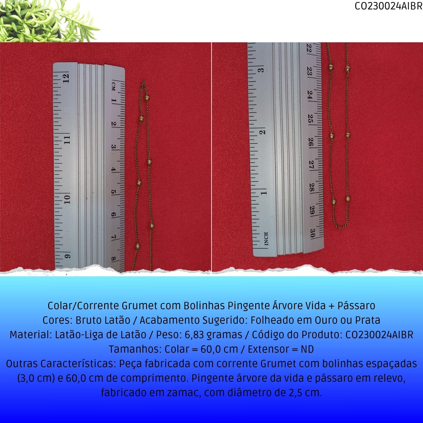 Colar/Corrente Grumet com Bolinhas Pingente Árvore Vida + Pássaro  - Código.: CO230024AIBR  - Peso.: 6.8 gr