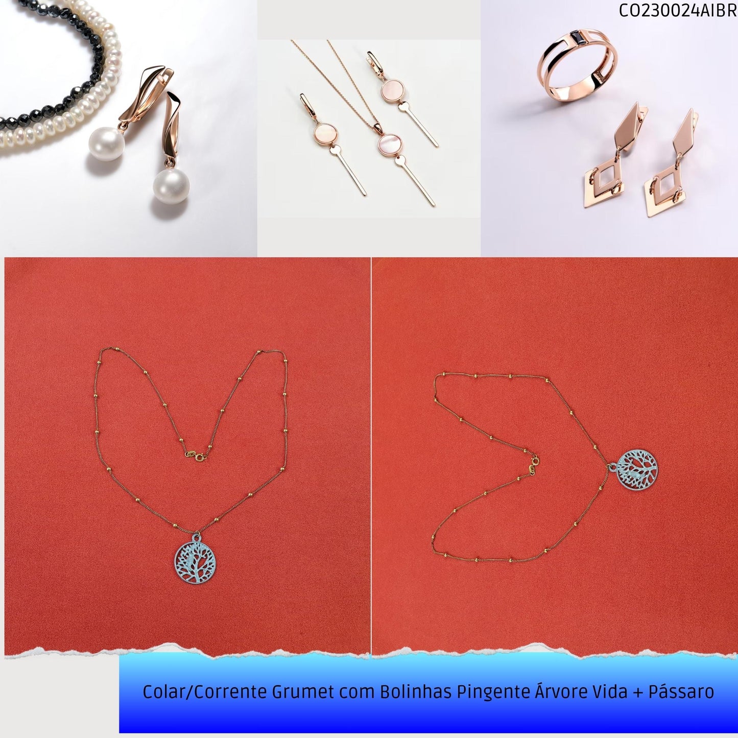 Colar/Corrente Grumet com Bolinhas Pingente Árvore Vida + Pássaro  - Código.: CO230024AIBR  - Peso.: 6.8 gr