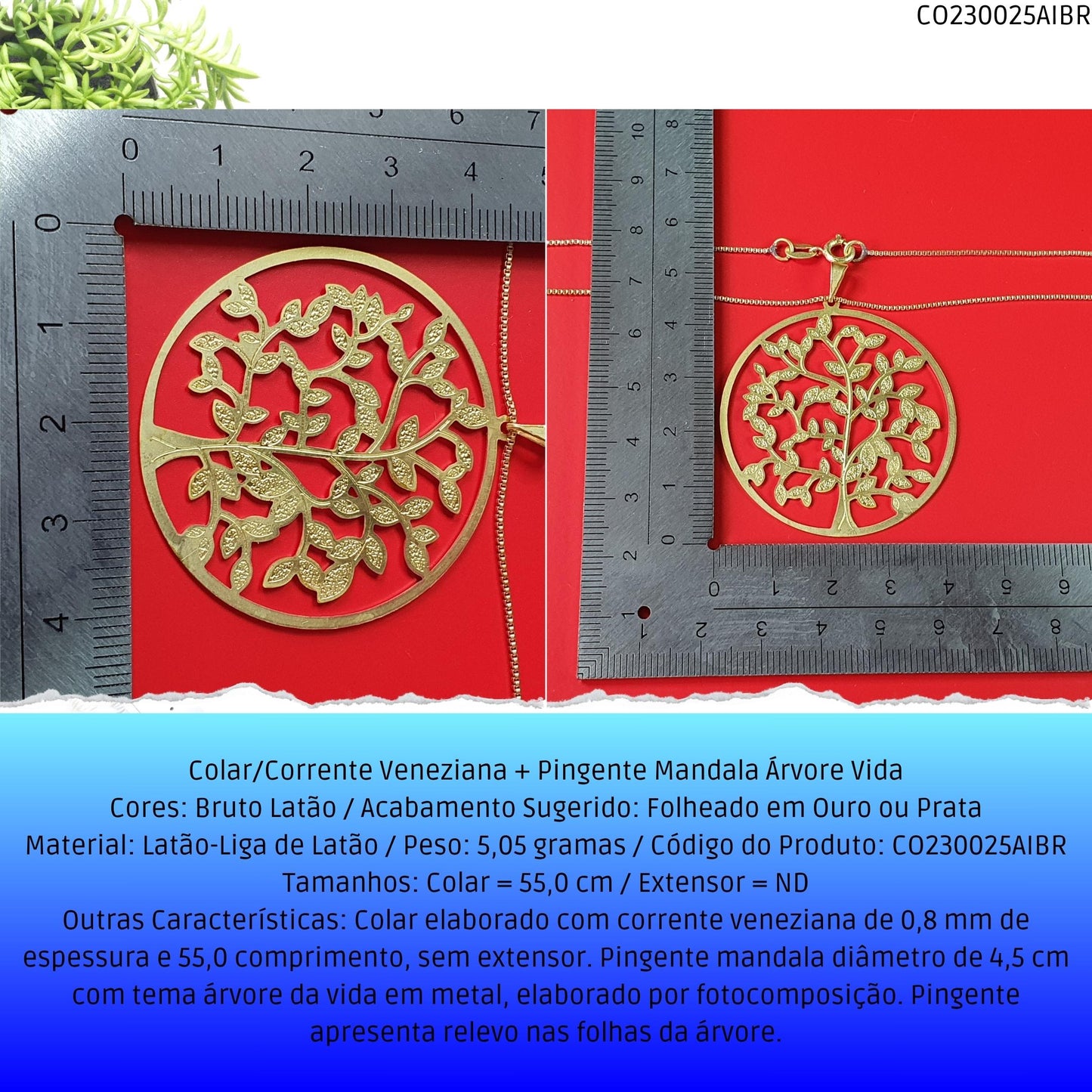 Colar/Corrente Veneziana + Pingente Mandala Árvore Vida  - Código.: CO230025AIBR  - Peso.: 5.1 gr