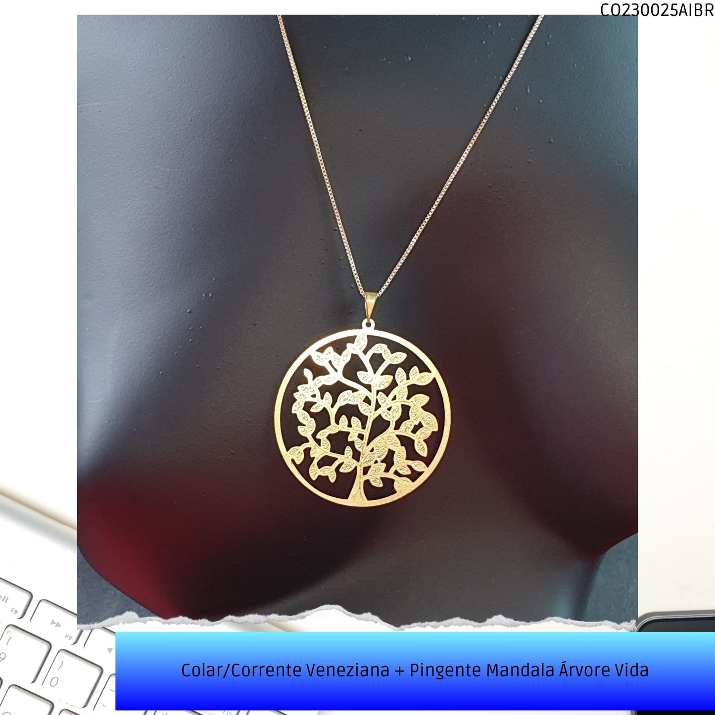 Colar/Corrente Veneziana + Pingente Mandala Árvore Vida  - Código.: CO230025AIBR  - Peso.: 5.1 gr