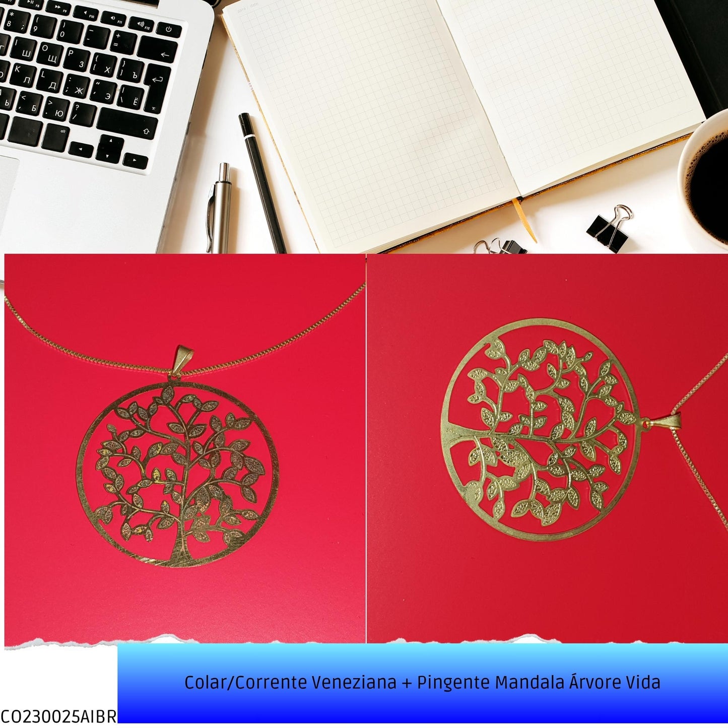 Colar/Corrente Veneziana + Pingente Mandala Árvore Vida  - Código.: CO230025AIBR  - Peso.: 5.1 gr
