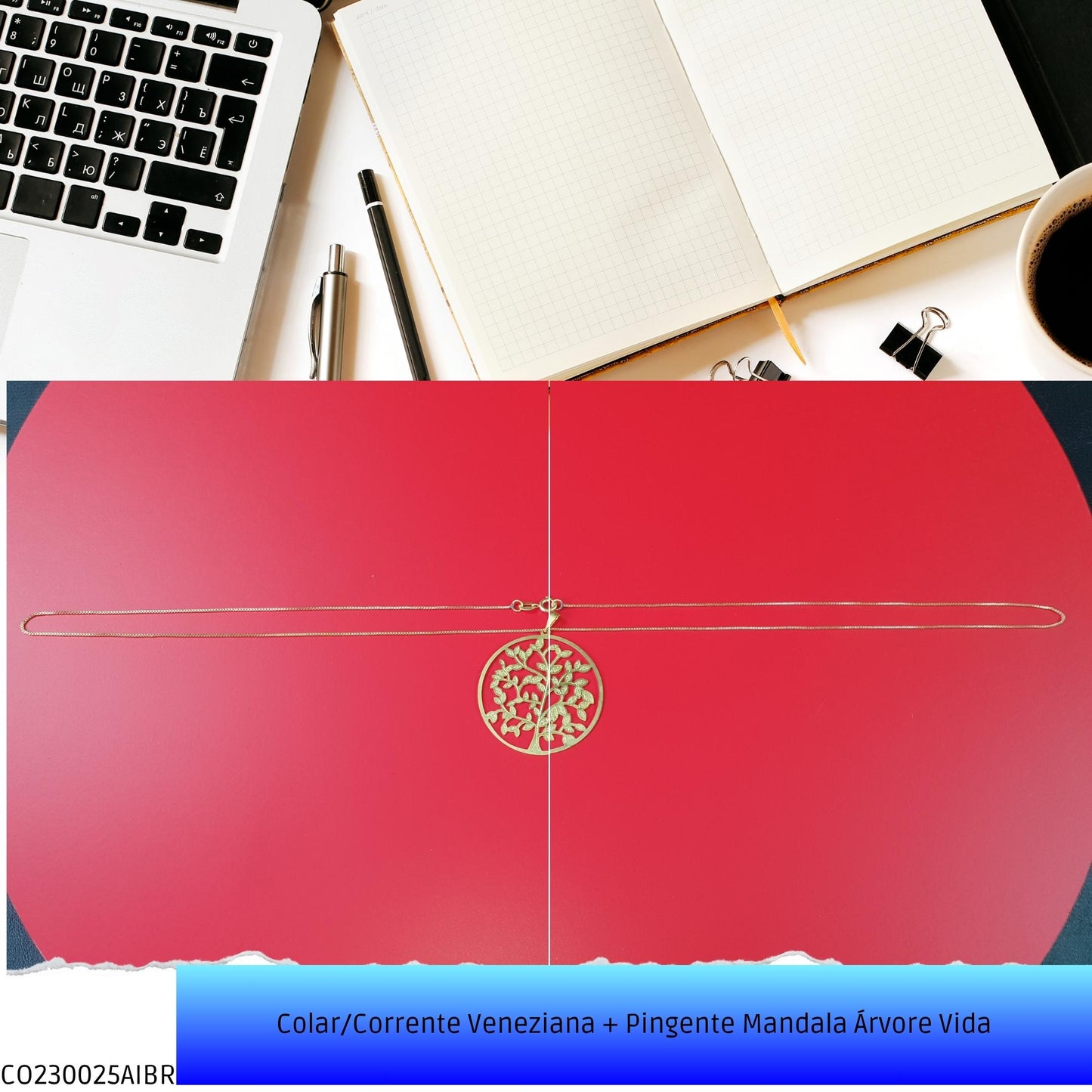 Colar/Corrente Veneziana + Pingente Mandala Árvore Vida  - Código.: CO230025AIBR  - Peso.: 5.1 gr