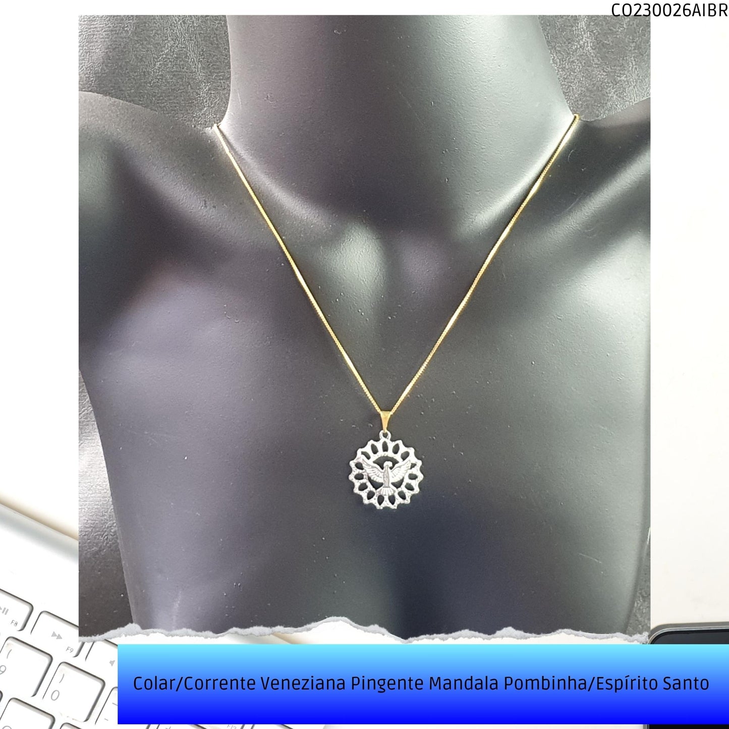 Colar/Corrente Veneziana Pingente Mandala Pombinha/Espírito Santo   - Código.: CO230026AIBR  - Peso.: 3.8 gr
