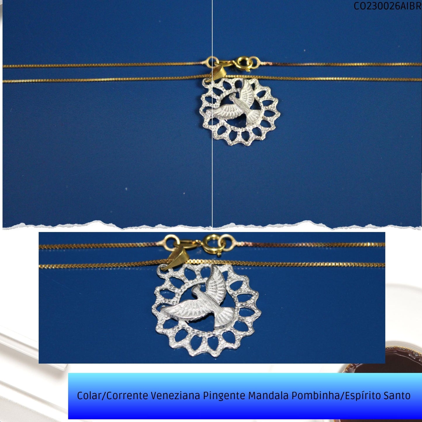 Colar/Corrente Veneziana Pingente Mandala Pombinha/Espírito Santo   - Código.: CO230026AIBR  - Peso.: 3.8 gr