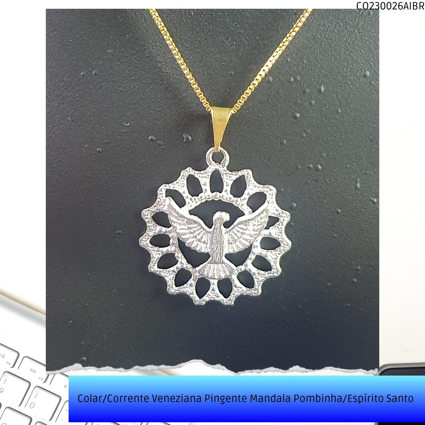 Colar/Corrente Veneziana Pingente Mandala Pombinha/Espírito Santo   - Código.: CO230026AIBR  - Peso.: 3.8 gr