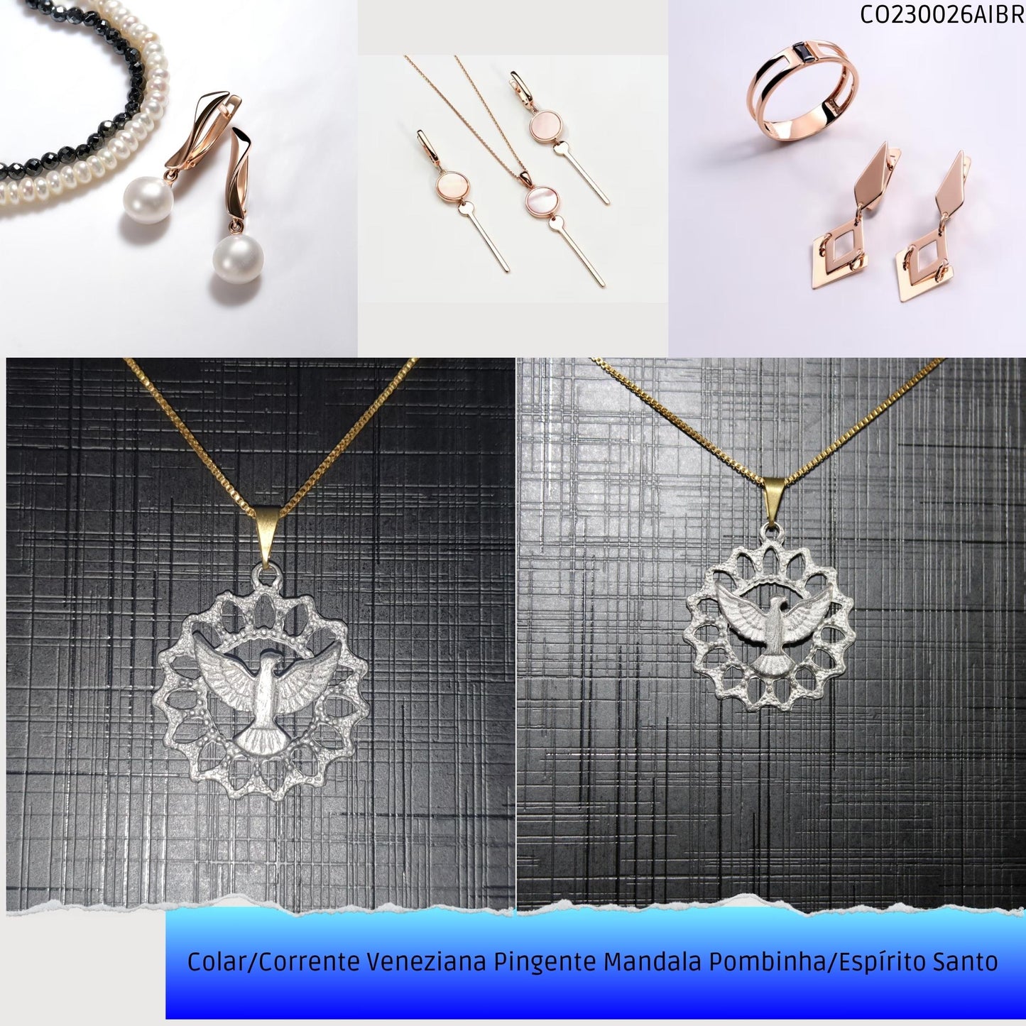 Colar/Corrente Veneziana Pingente Mandala Pombinha/Espírito Santo   - Código.: CO230026AIBR  - Peso.: 3.8 gr