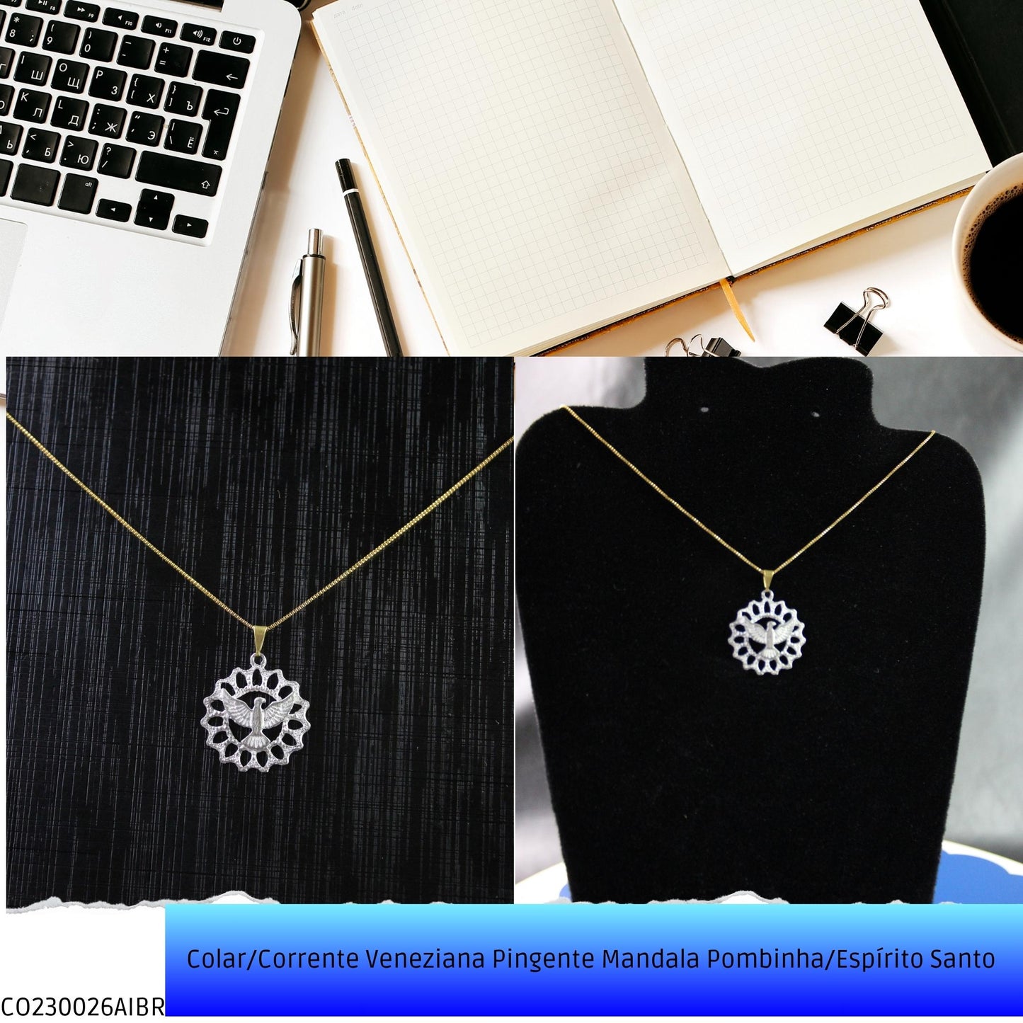 Colar/Corrente Veneziana Pingente Mandala Pombinha/Espírito Santo   - Código.: CO230026AIBR  - Peso.: 3.8 gr