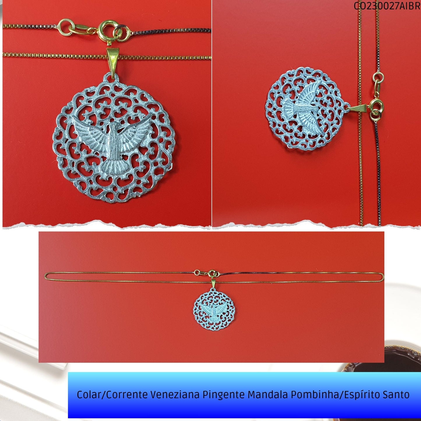 Colar/Corrente Veneziana Pingente Mandala Pombinha/Espírito Santo   - Código.: CO230027AIBR  - Peso.: 4.4 gr