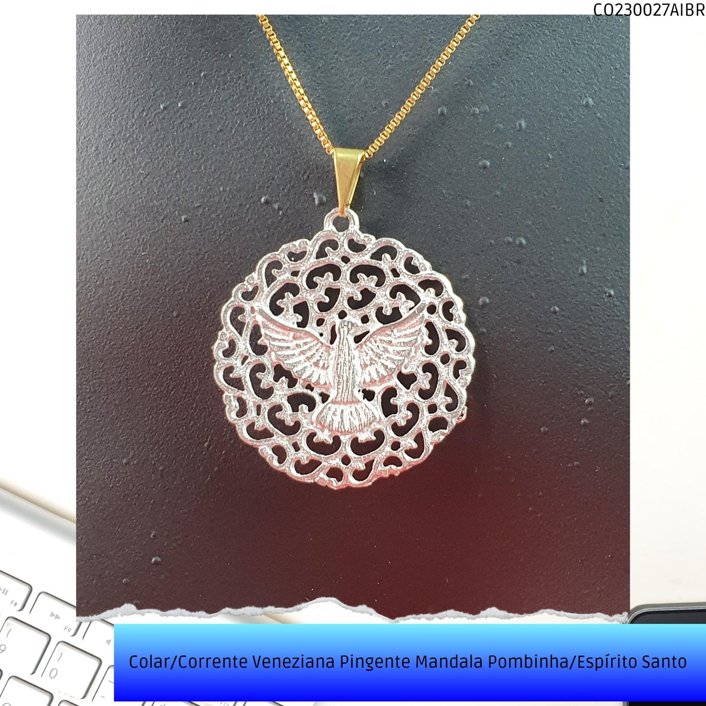Colar/Corrente Veneziana Pingente Mandala Pombinha/Espírito Santo   - Código.: CO230027AIBR  - Peso.: 4.4 gr