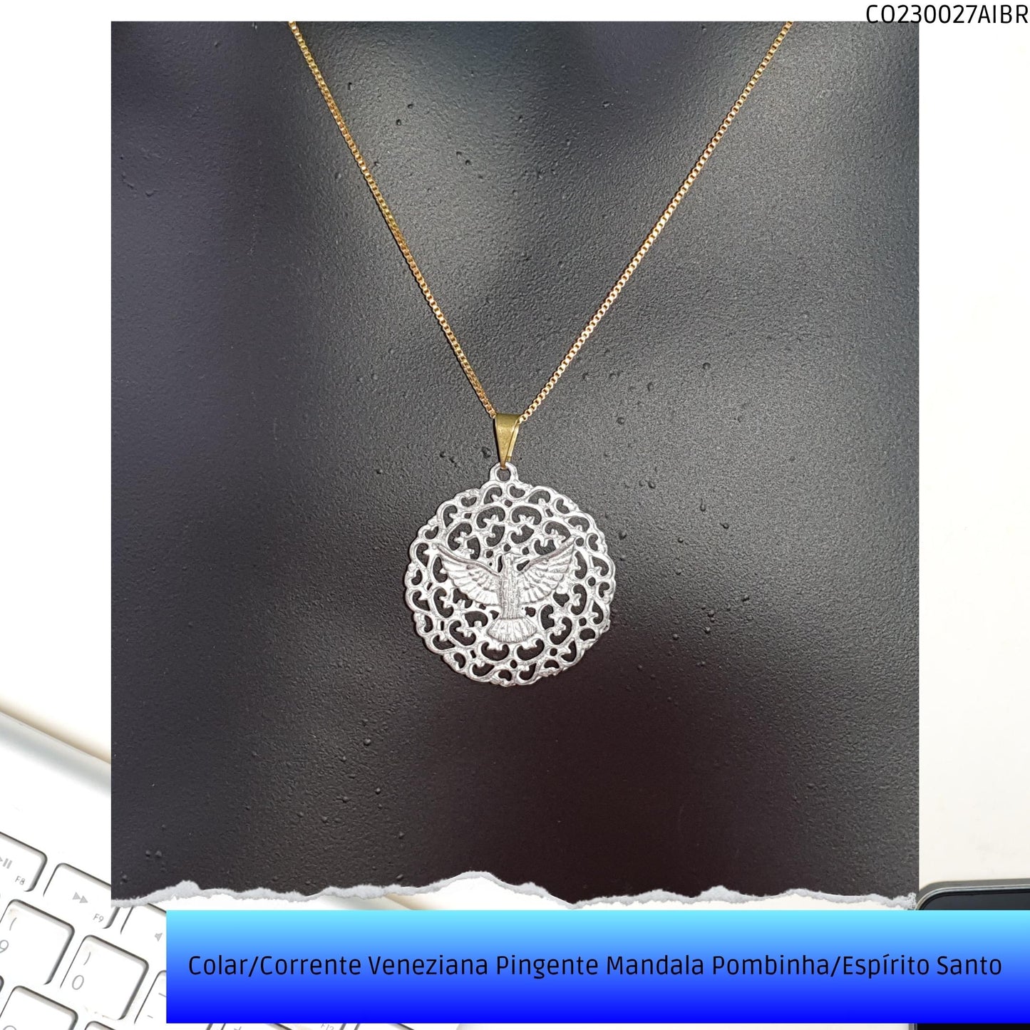 Colar/Corrente Veneziana Pingente Mandala Pombinha/Espírito Santo   - Código.: CO230027AIBR  - Peso.: 4.4 gr