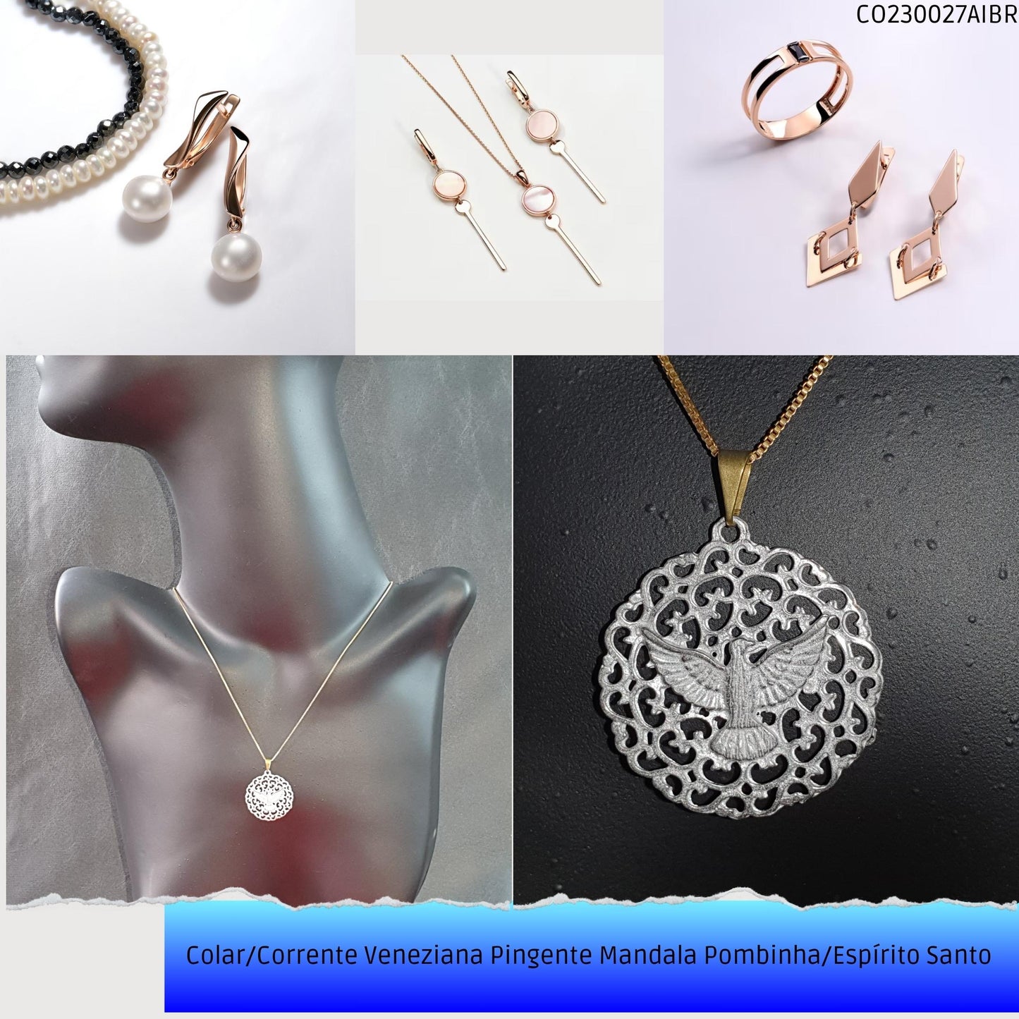 Colar/Corrente Veneziana Pingente Mandala Pombinha/Espírito Santo   - Código.: CO230027AIBR  - Peso.: 4.4 gr