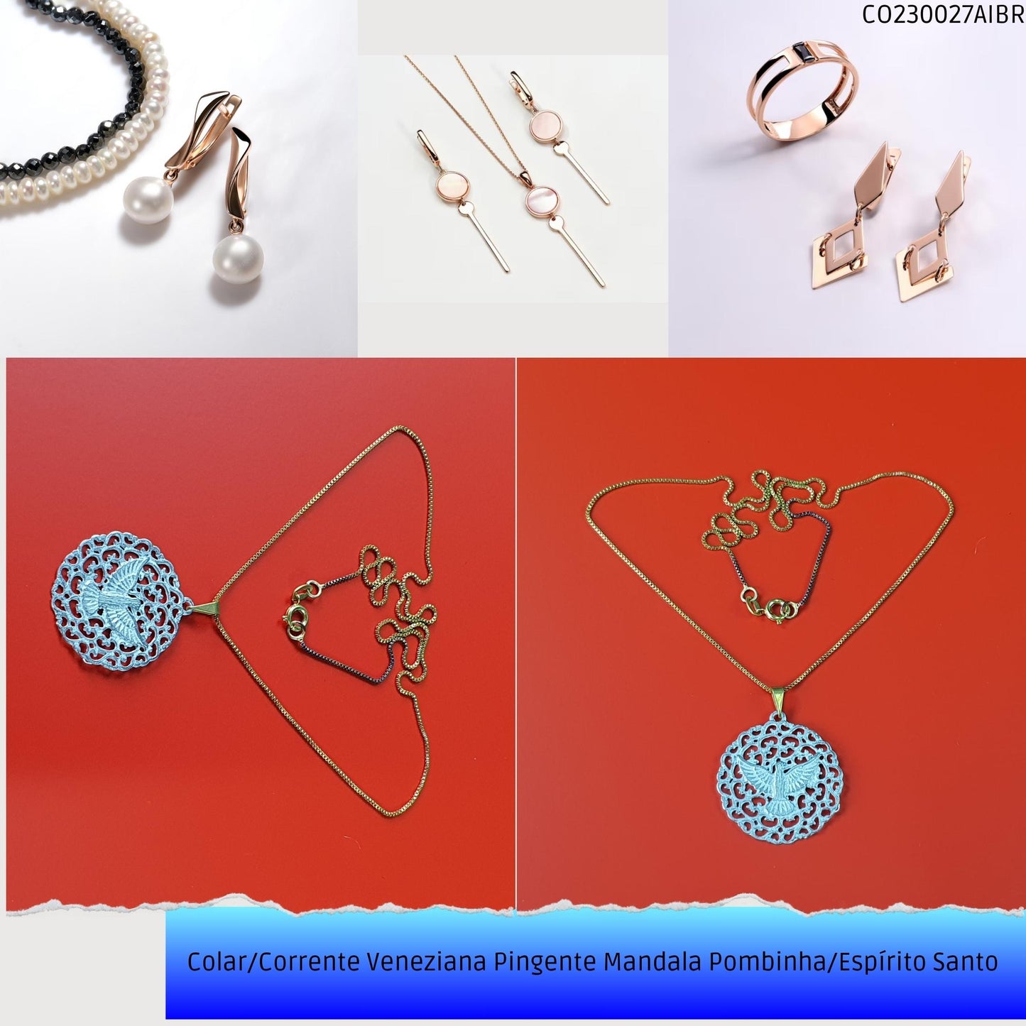 Colar/Corrente Veneziana Pingente Mandala Pombinha/Espírito Santo   - Código.: CO230027AIBR  - Peso.: 4.4 gr