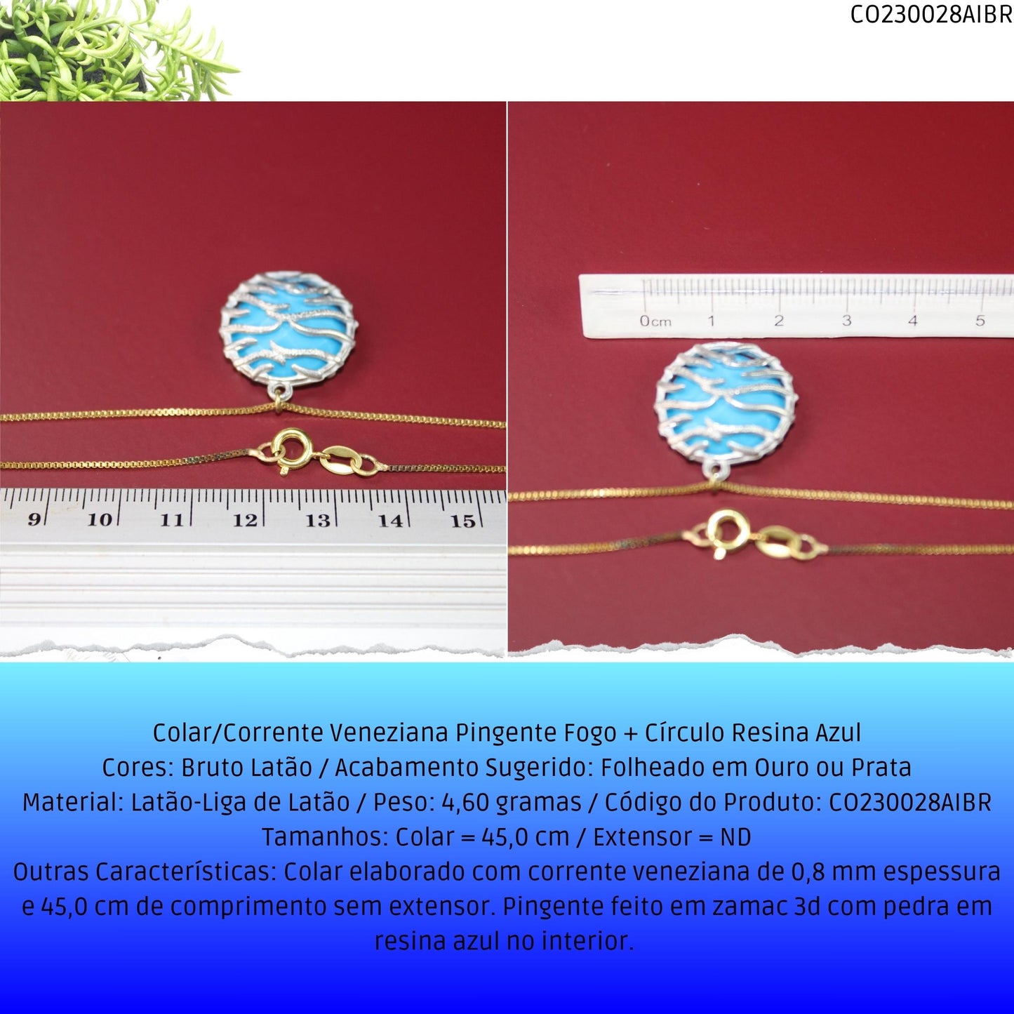 Colar/Corrente Veneziana Pingente Fogo + Círculo Rezina Azul  - Código.: CO230028AIBR  - Peso.: 4.6 gr