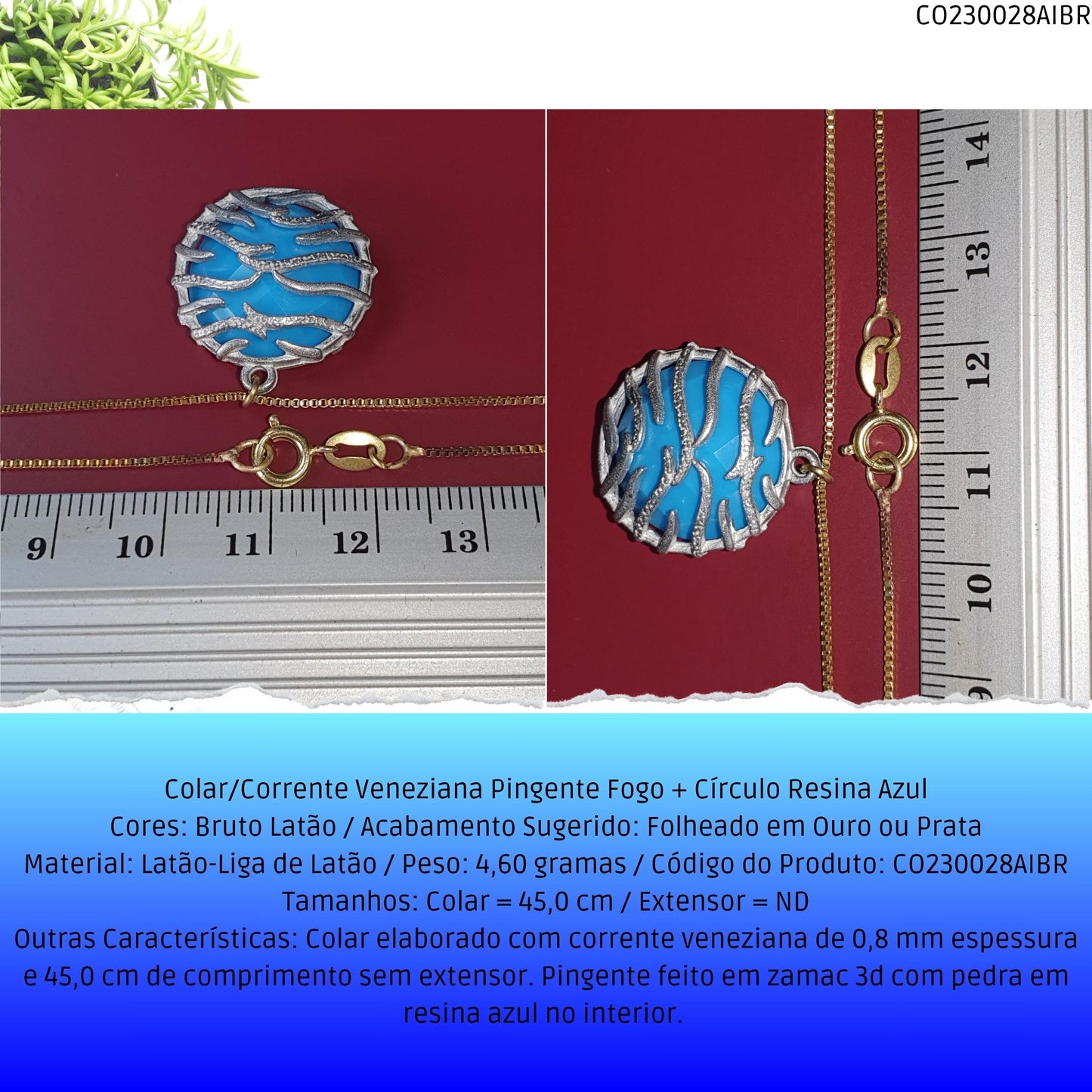 Colar/Corrente Veneziana Pingente Fogo + Círculo Rezina Azul  - Código.: CO230028AIBR  - Peso.: 4.6 gr