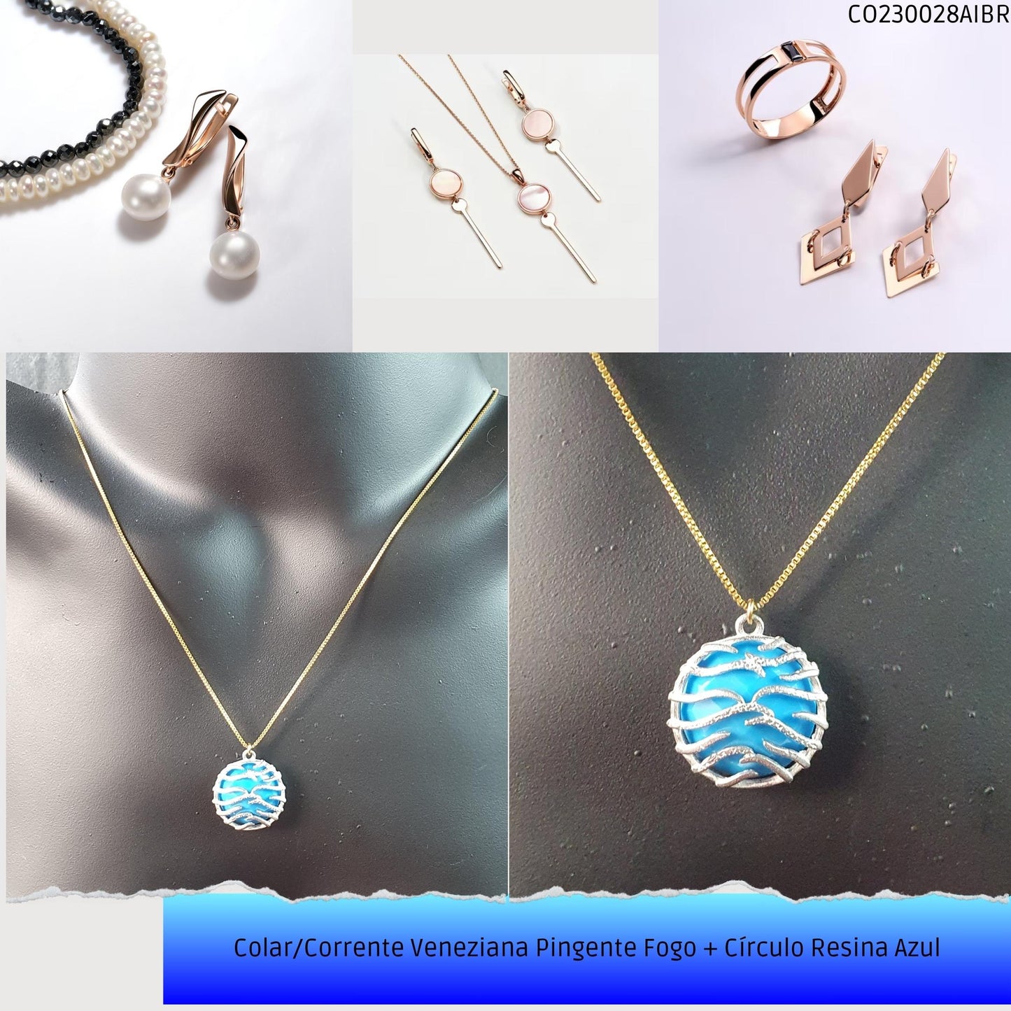 Colar/Corrente Veneziana Pingente Fogo + Círculo Rezina Azul  - Código.: CO230028AIBR  - Peso.: 4.6 gr