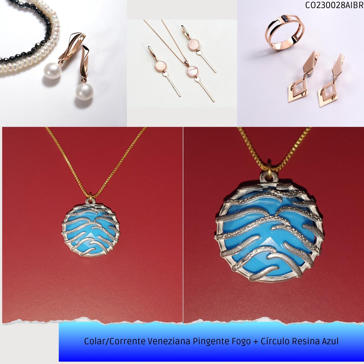 Colar/Corrente Veneziana Pingente Fogo + Círculo Rezina Azul  - Código.: CO230028AIBR  - Peso.: 4.6 gr