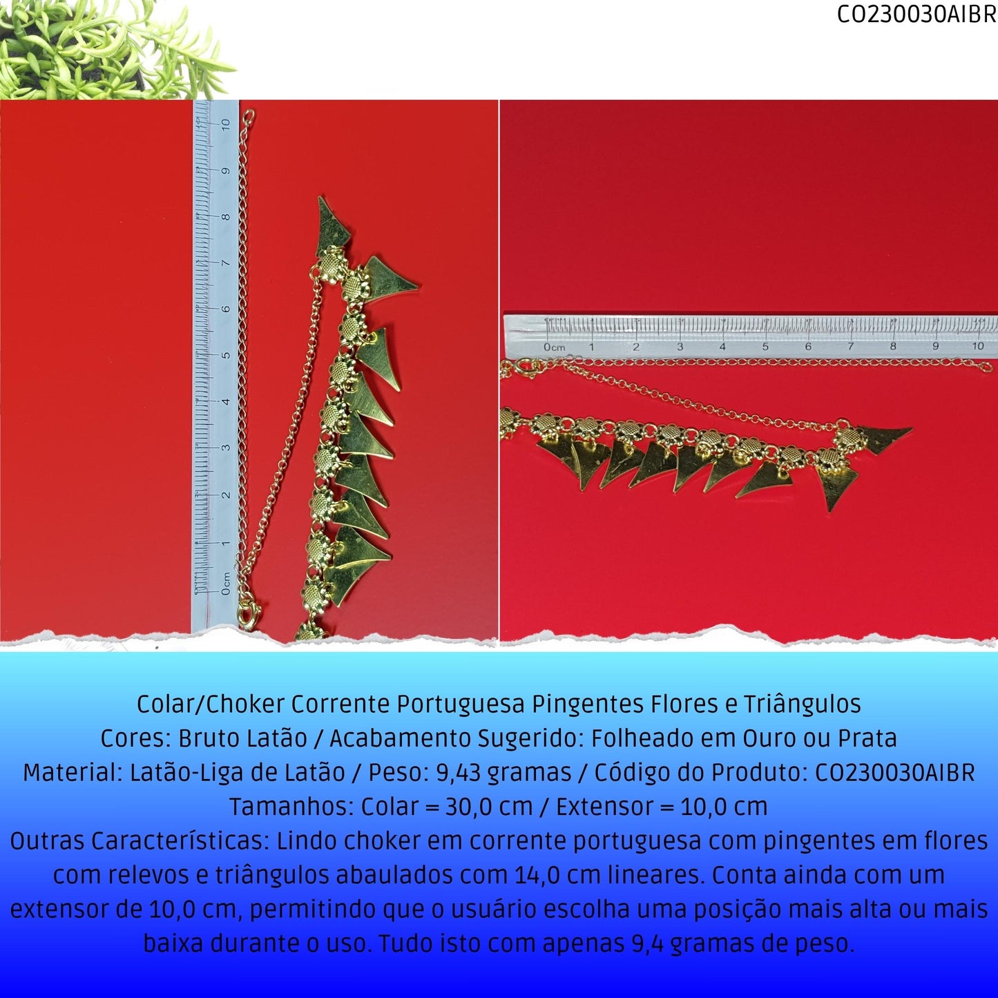 Colar/Choker Corrente Portuguesa Pingentes Flores e Triângulos  - Código.: CO230030AIBR  - Peso.: 9.4 gr