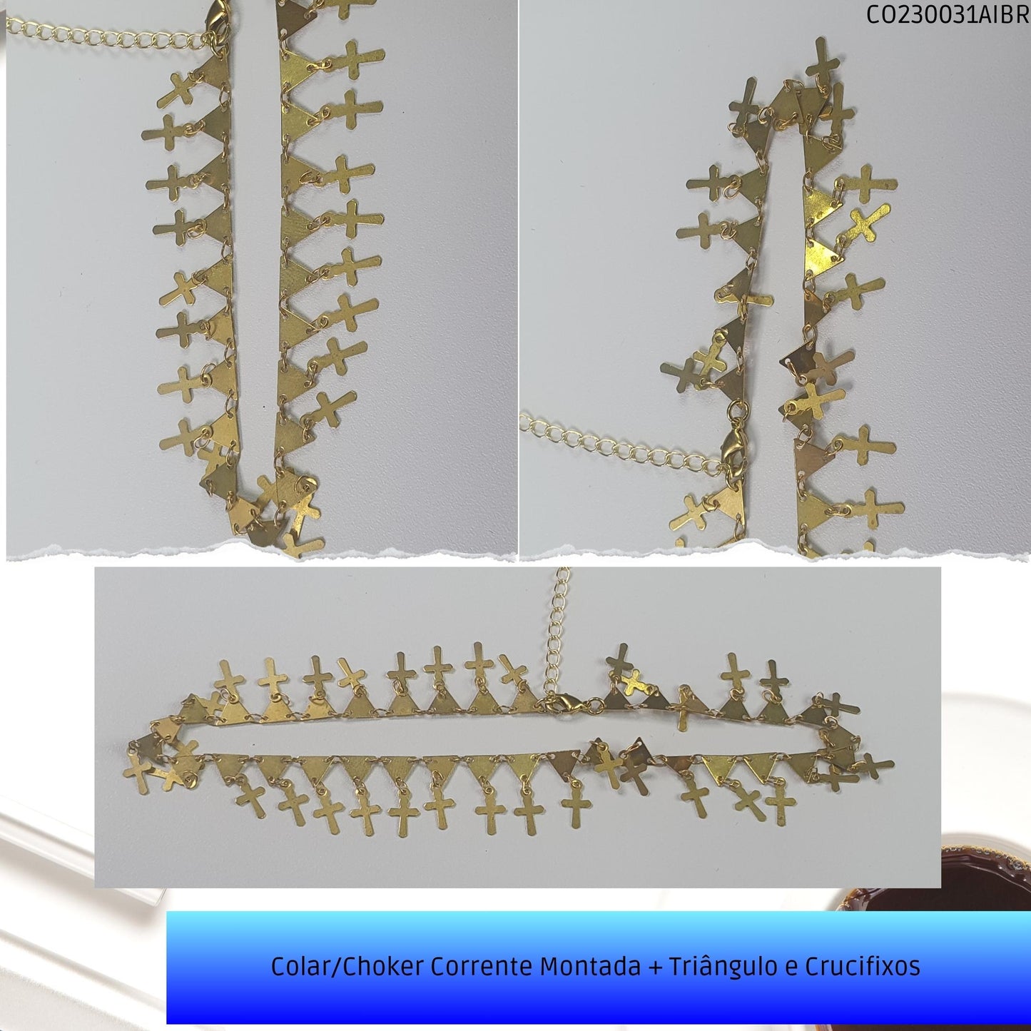 Colar/Choker Corrente Montada + Triângulo e Crucifixos   - Código.: CO230031AIBR  - Peso.: 5.6 gr