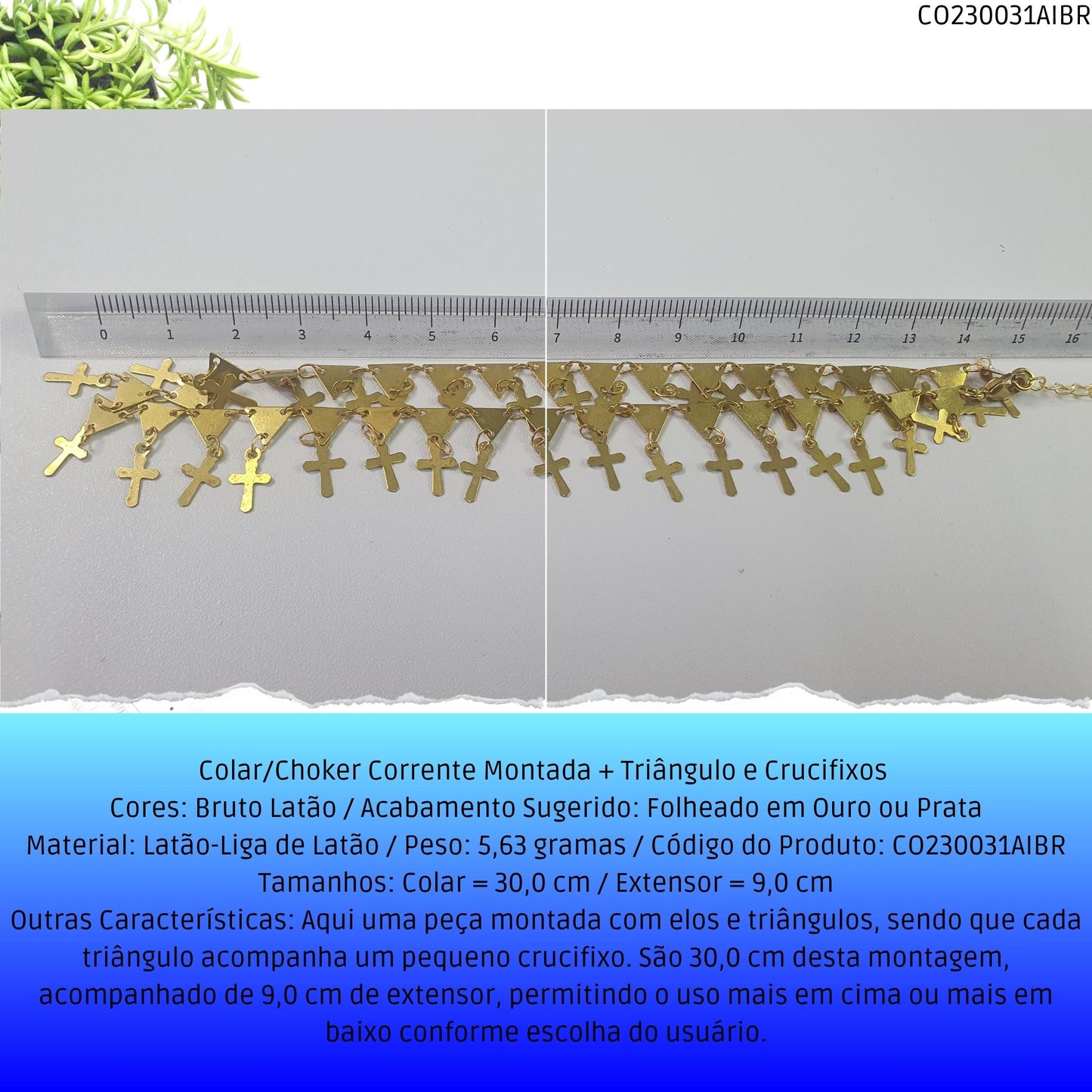Colar/Choker Corrente Montada + Triângulo e Crucifixos   - Código.: CO230031AIBR  - Peso.: 5.6 gr