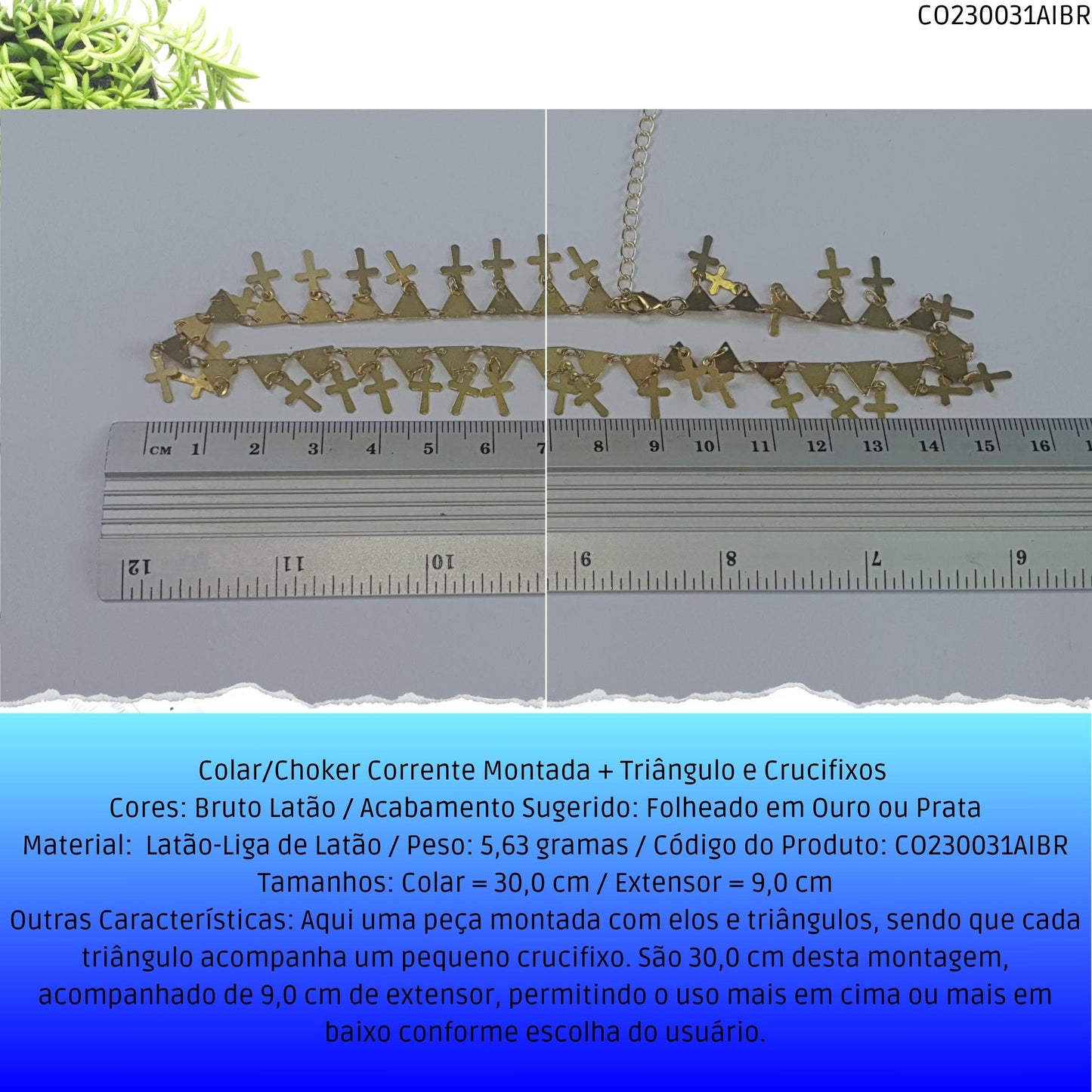 Colar/Choker Corrente Montada + Triângulo e Crucifixos   - Código.: CO230031AIBR  - Peso.: 5.6 gr