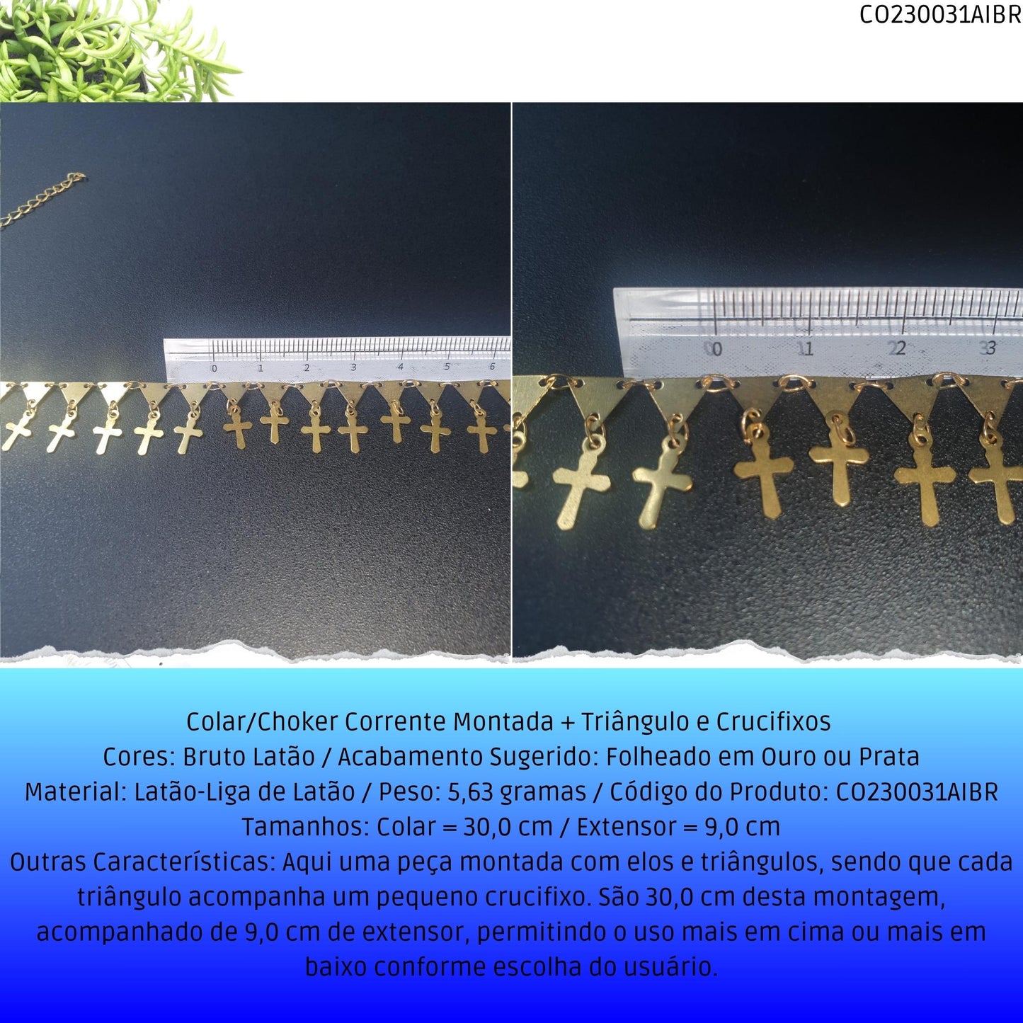 Colar/Choker Corrente Montada + Triângulo e Crucifixos   - Código.: CO230031AIBR  - Peso.: 5.6 gr