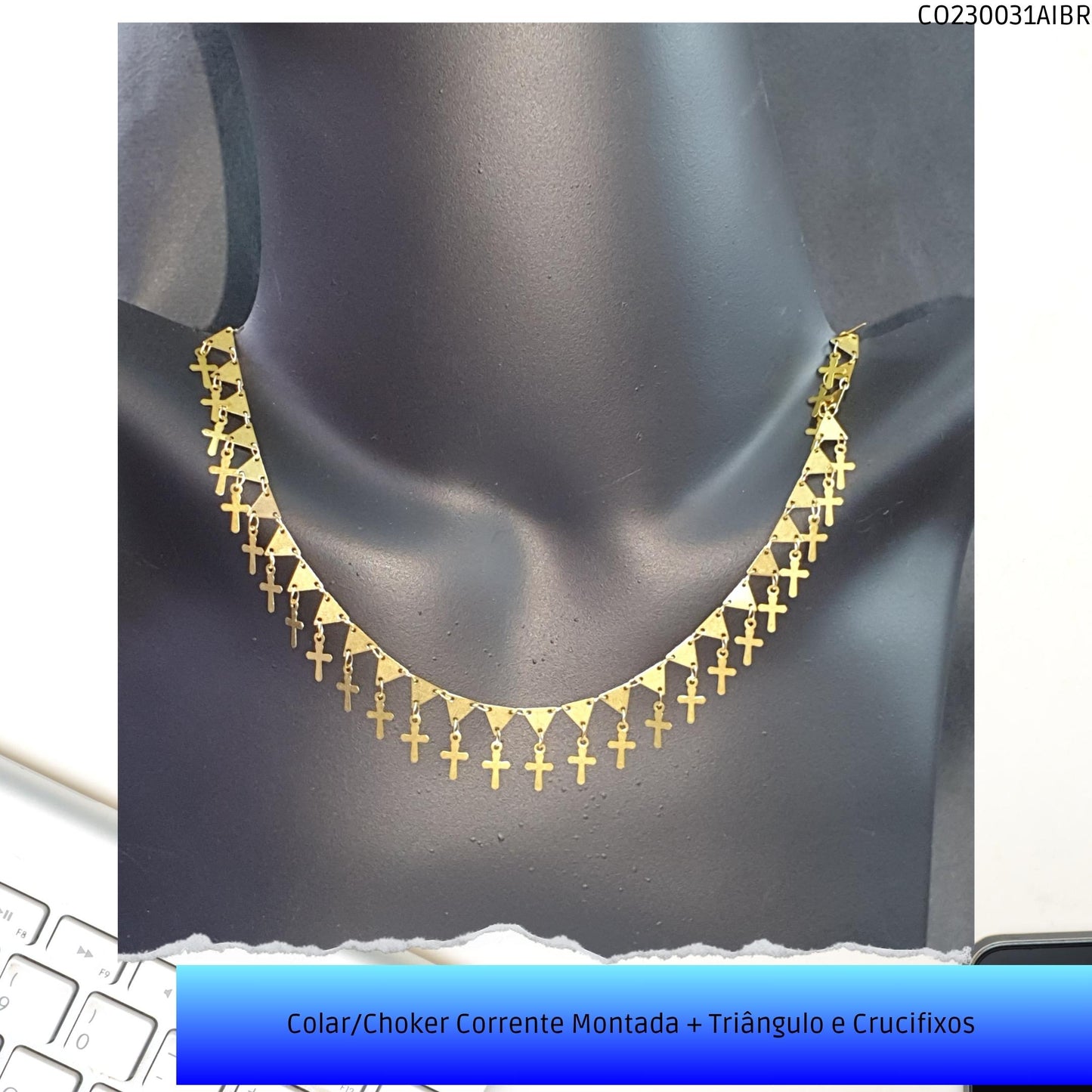 Colar/Choker Corrente Montada + Triângulo e Crucifixos   - Código.: CO230031AIBR  - Peso.: 5.6 gr