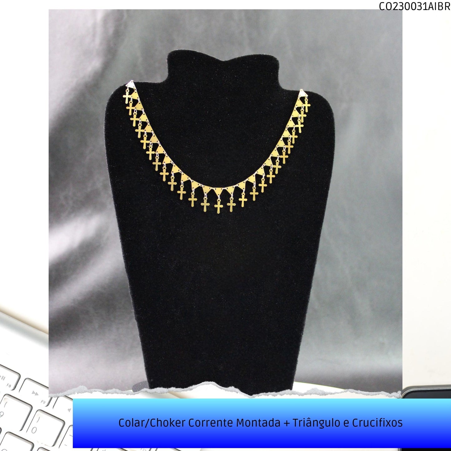 Colar/Choker Corrente Montada + Triângulo e Crucifixos   - Código.: CO230031AIBR  - Peso.: 5.6 gr