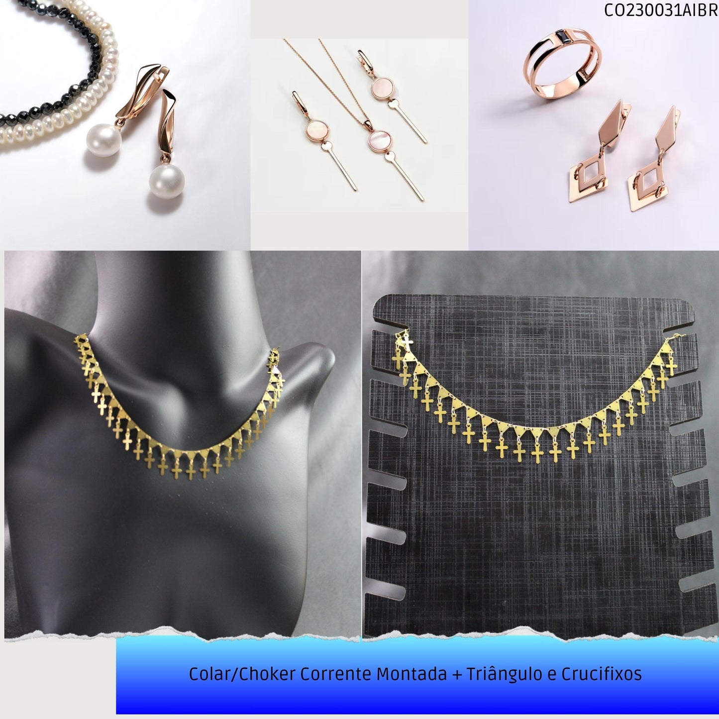 Colar/Choker Corrente Montada + Triângulo e Crucifixos   - Código.: CO230031AIBR  - Peso.: 5.6 gr