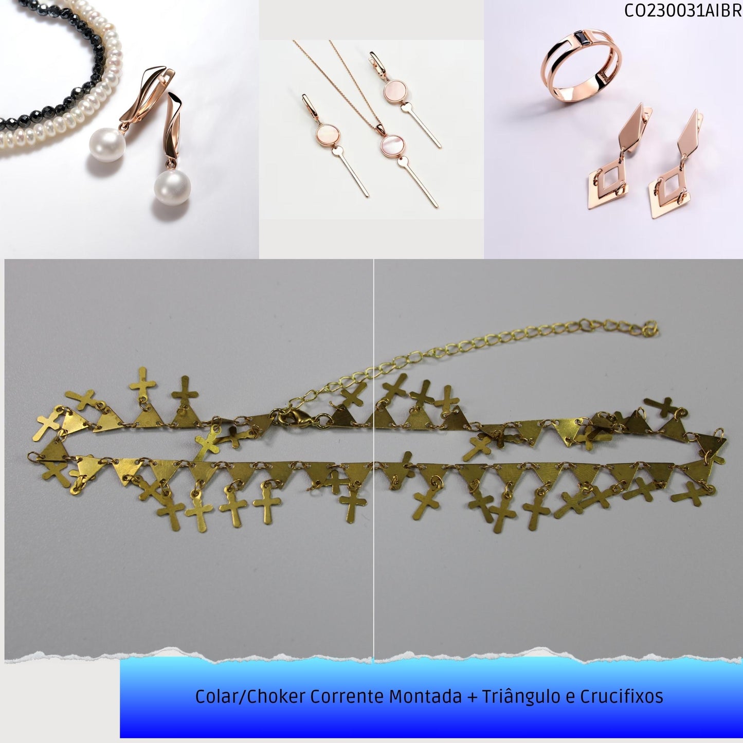 Colar/Choker Corrente Montada + Triângulo e Crucifixos   - Código.: CO230031AIBR  - Peso.: 5.6 gr