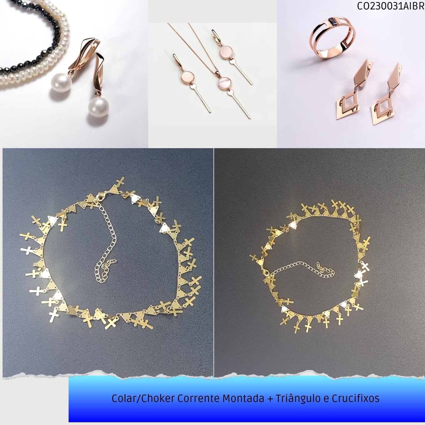 Colar/Choker Corrente Montada + Triângulo e Crucifixos   - Código.: CO230031AIBR  - Peso.: 5.6 gr