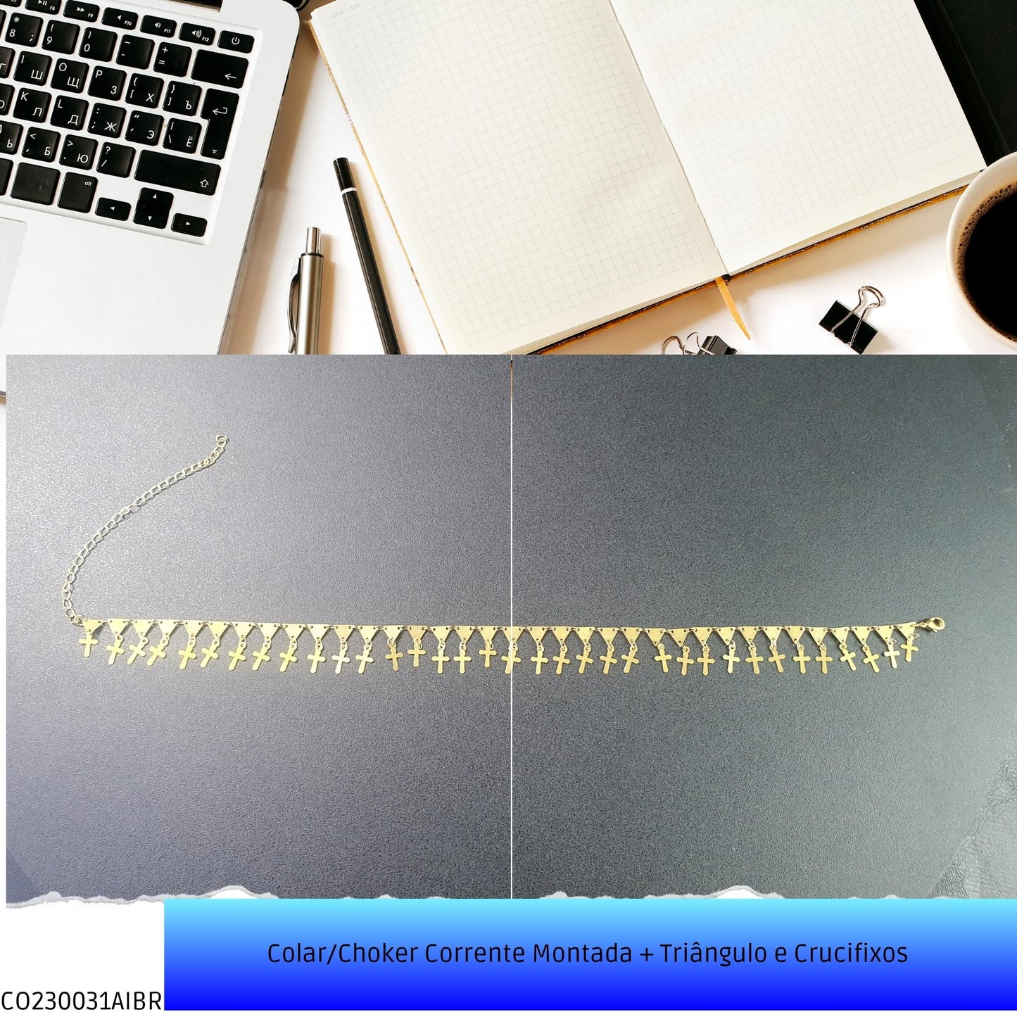 Colar/Choker Corrente Montada + Triângulo e Crucifixos   - Código.: CO230031AIBR  - Peso.: 5.6 gr