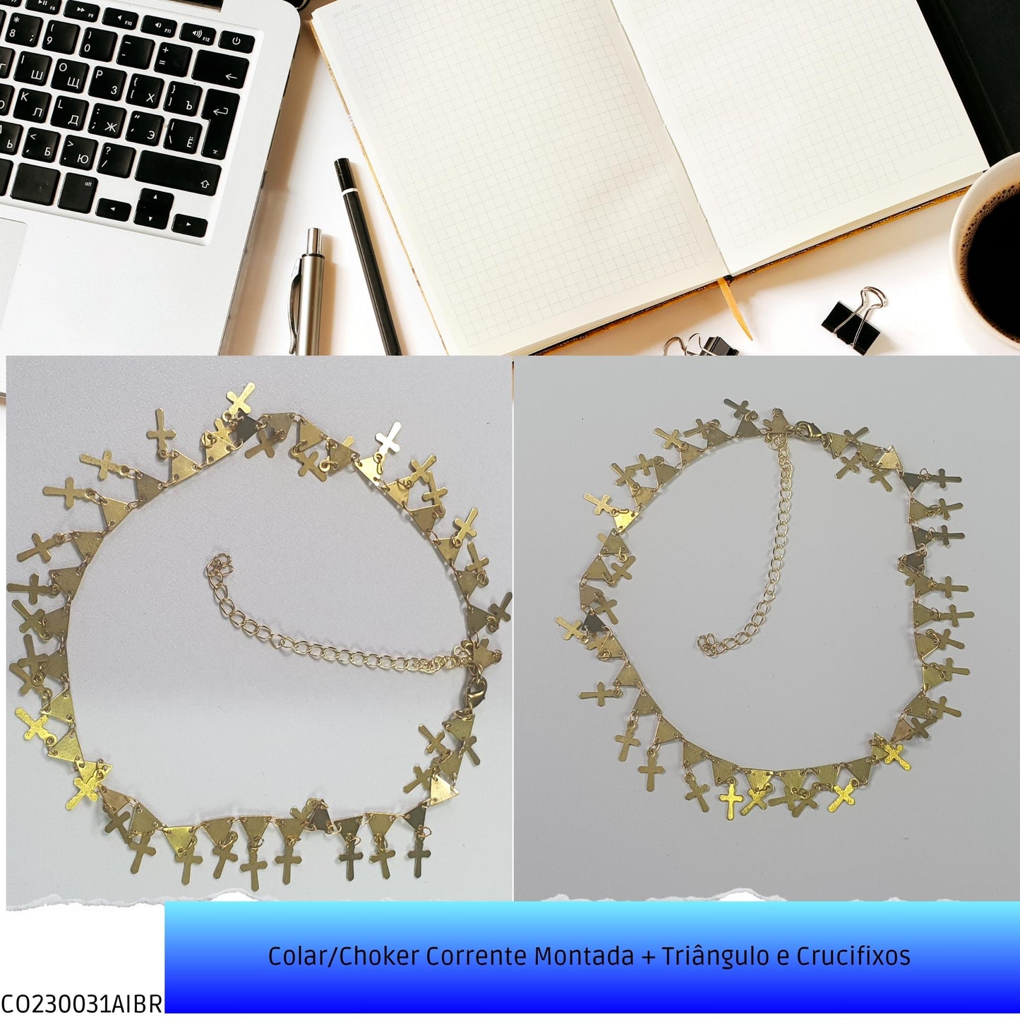 Colar/Choker Corrente Montada + Triângulo e Crucifixos   - Código.: CO230031AIBR  - Peso.: 5.6 gr