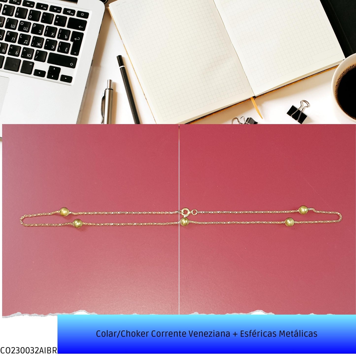 Colar/Choker Corrente Veneziana + Esféricas Metálicas  - Código.: CO230032AIBR  - Peso.: 6.1 gr