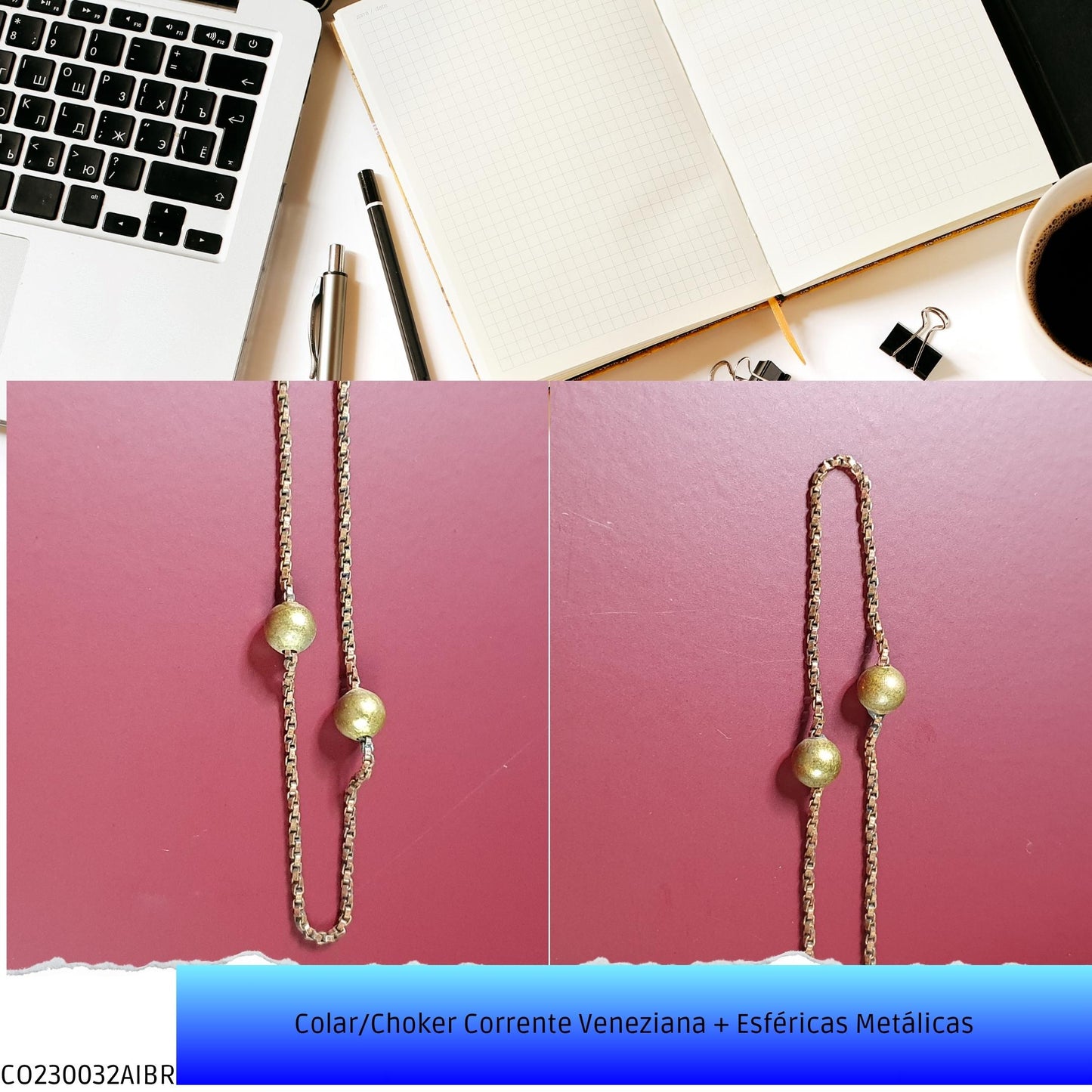 Colar/Choker Corrente Veneziana + Esféricas Metálicas  - Código.: CO230032AIBR  - Peso.: 6.1 gr