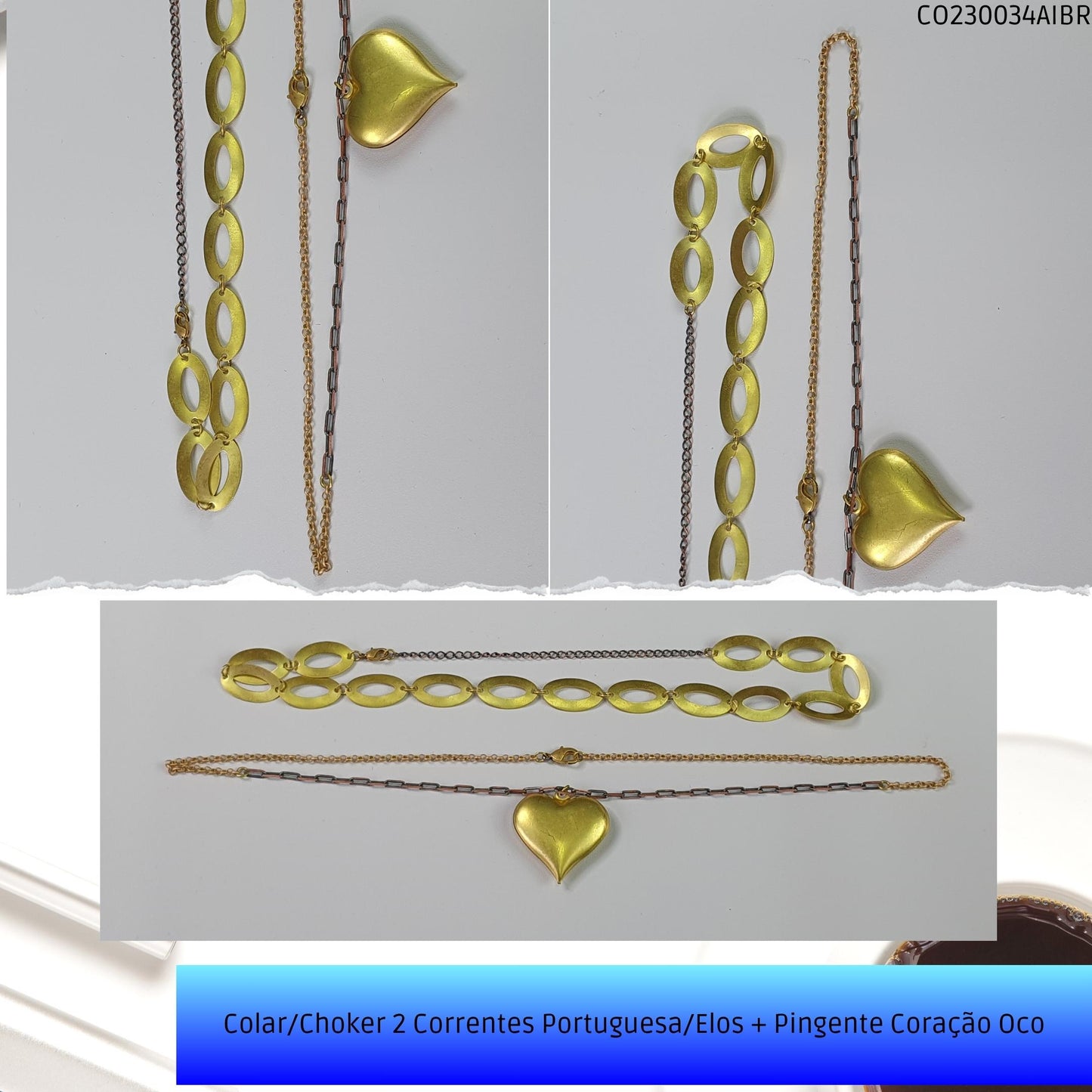 Colar/Choker 2 Correntes Portuguesa/Elos + Pingente Coração Oco  - Código.: CO230034AIBR  - Peso.: 18.9 gr