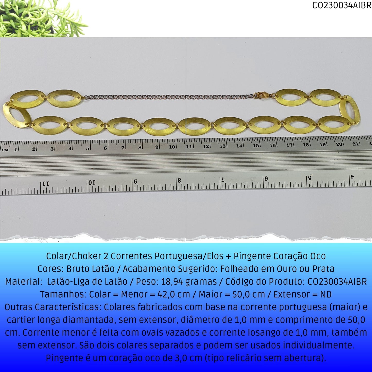Colar/Choker 2 Correntes Portuguesa/Elos + Pingente Coração Oco  - Código.: CO230034AIBR  - Peso.: 18.9 gr