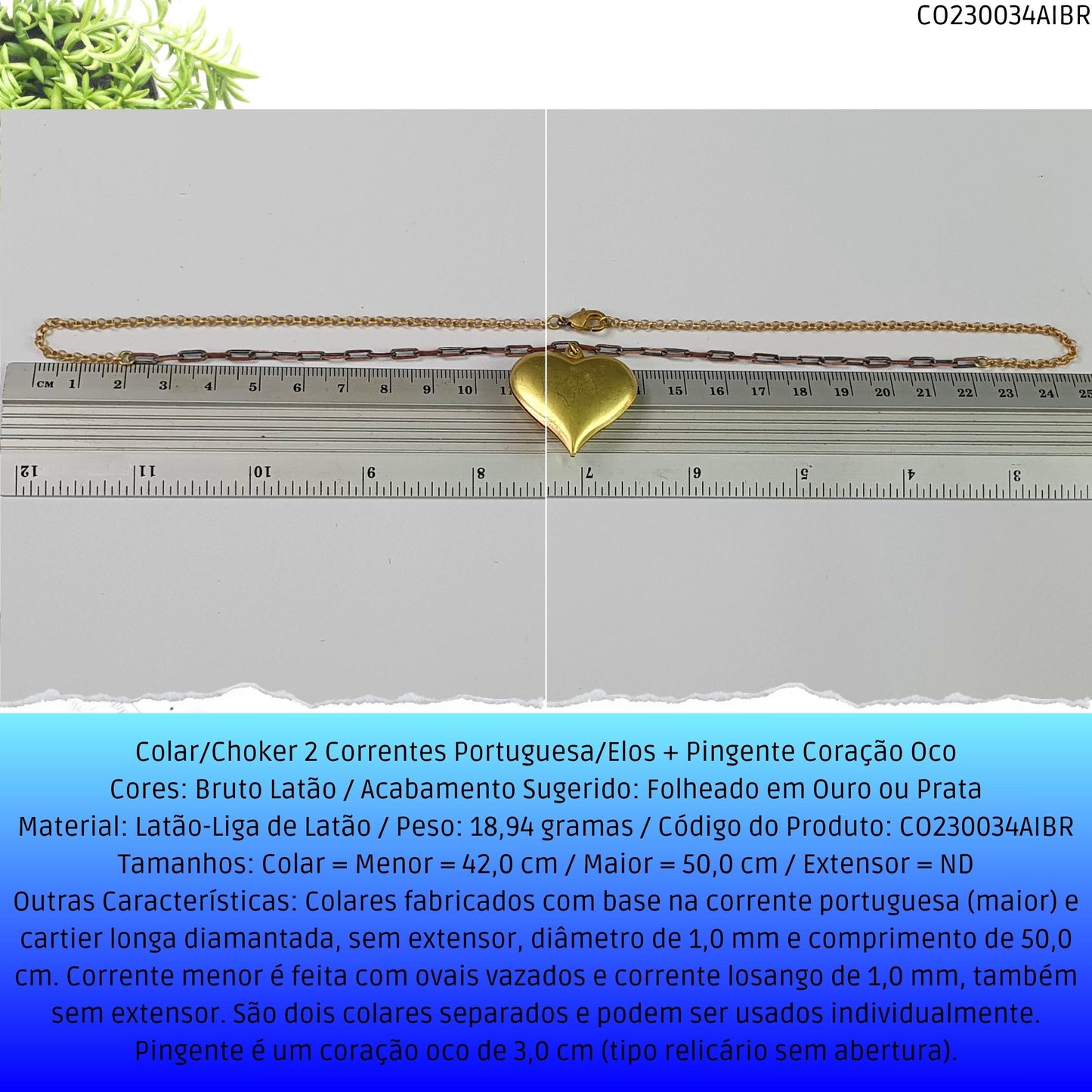Colar/Choker 2 Correntes Portuguesa/Elos + Pingente Coração Oco  - Código.: CO230034AIBR  - Peso.: 18.9 gr