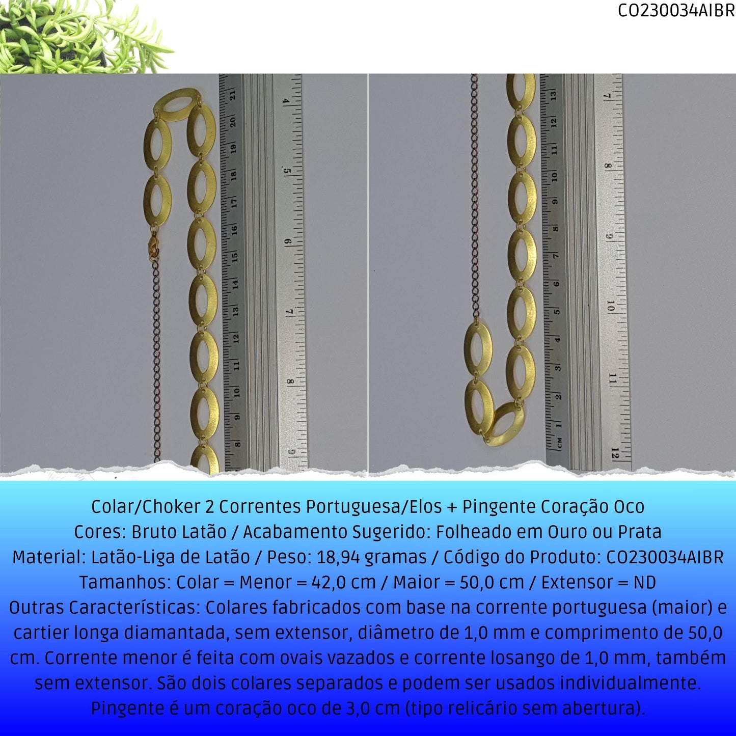 Colar/Choker 2 Correntes Portuguesa/Elos + Pingente Coração Oco  - Código.: CO230034AIBR  - Peso.: 18.9 gr