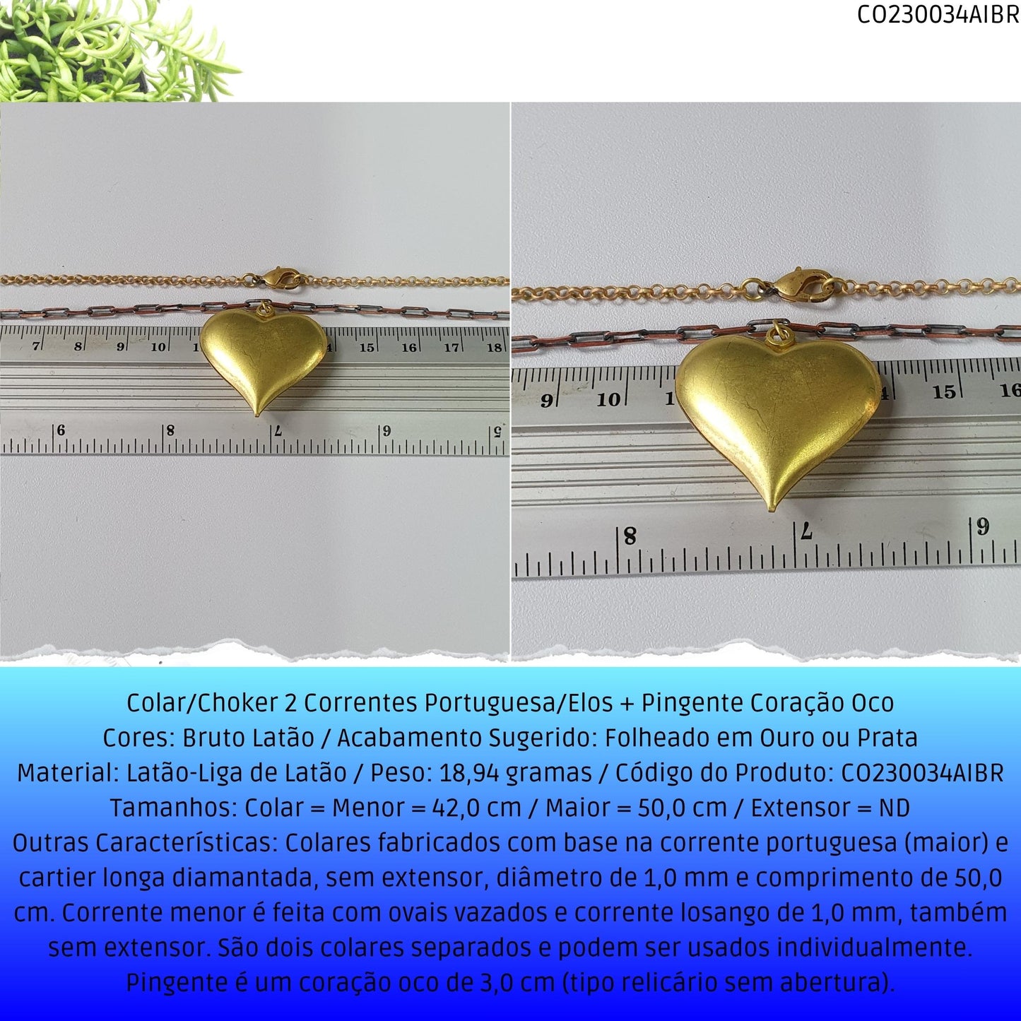 Colar/Choker 2 Correntes Portuguesa/Elos + Pingente Coração Oco  - Código.: CO230034AIBR  - Peso.: 18.9 gr