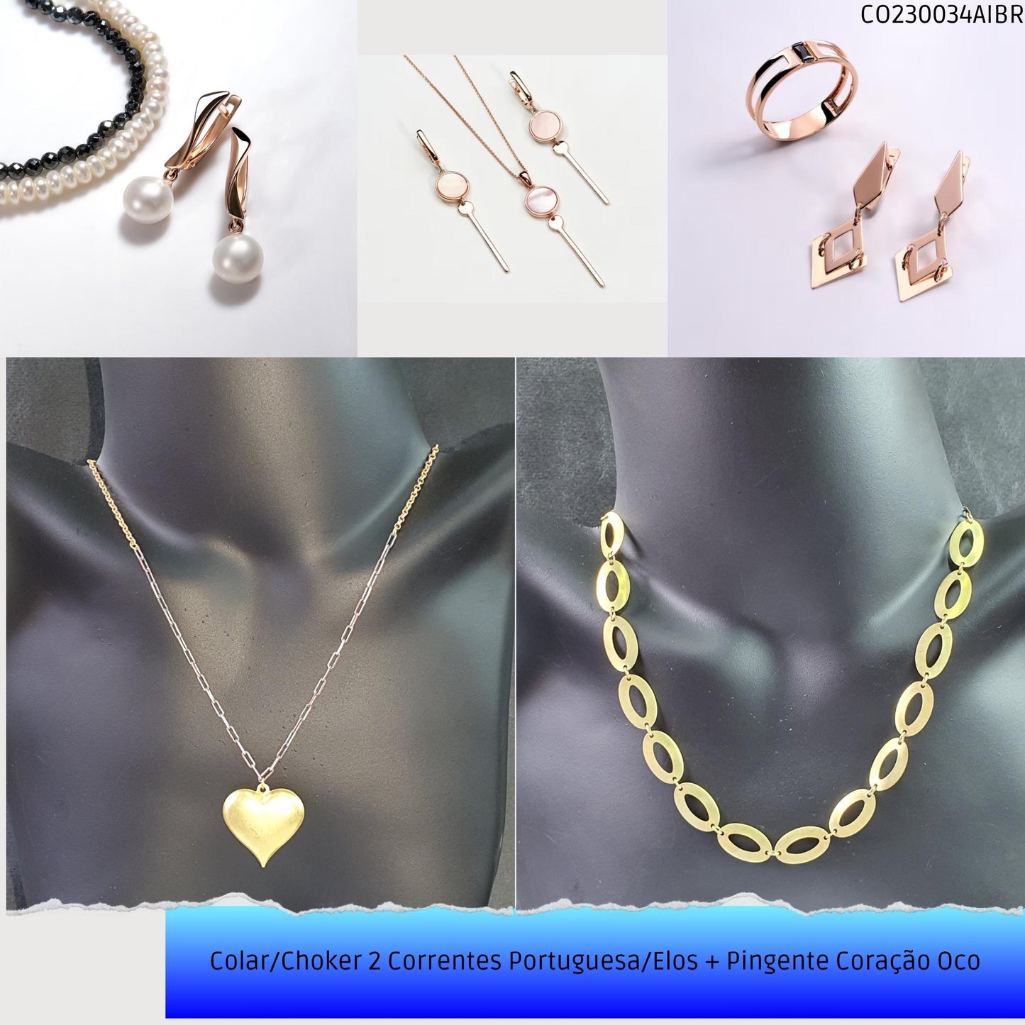 Colar/Choker 2 Correntes Portuguesa/Elos + Pingente Coração Oco  - Código.: CO230034AIBR  - Peso.: 18.9 gr
