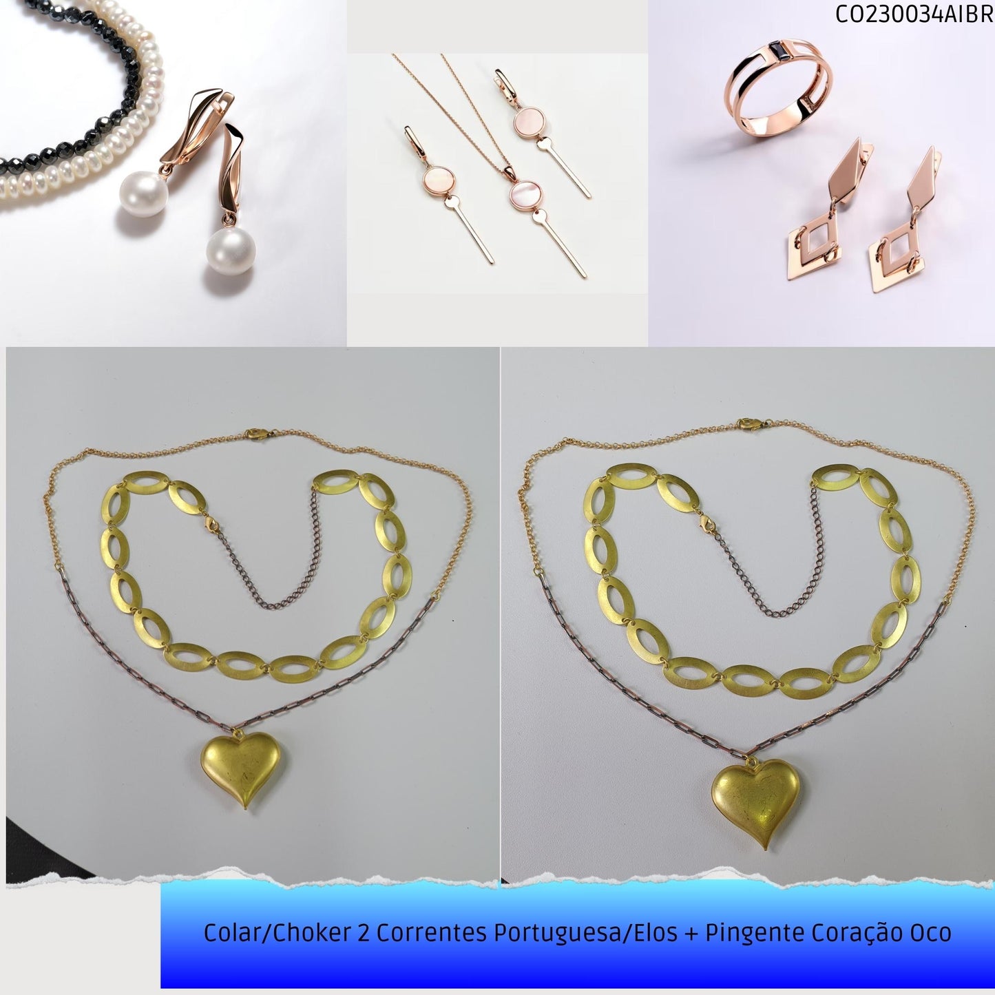 Colar/Choker 2 Correntes Portuguesa/Elos + Pingente Coração Oco  - Código.: CO230034AIBR  - Peso.: 18.9 gr