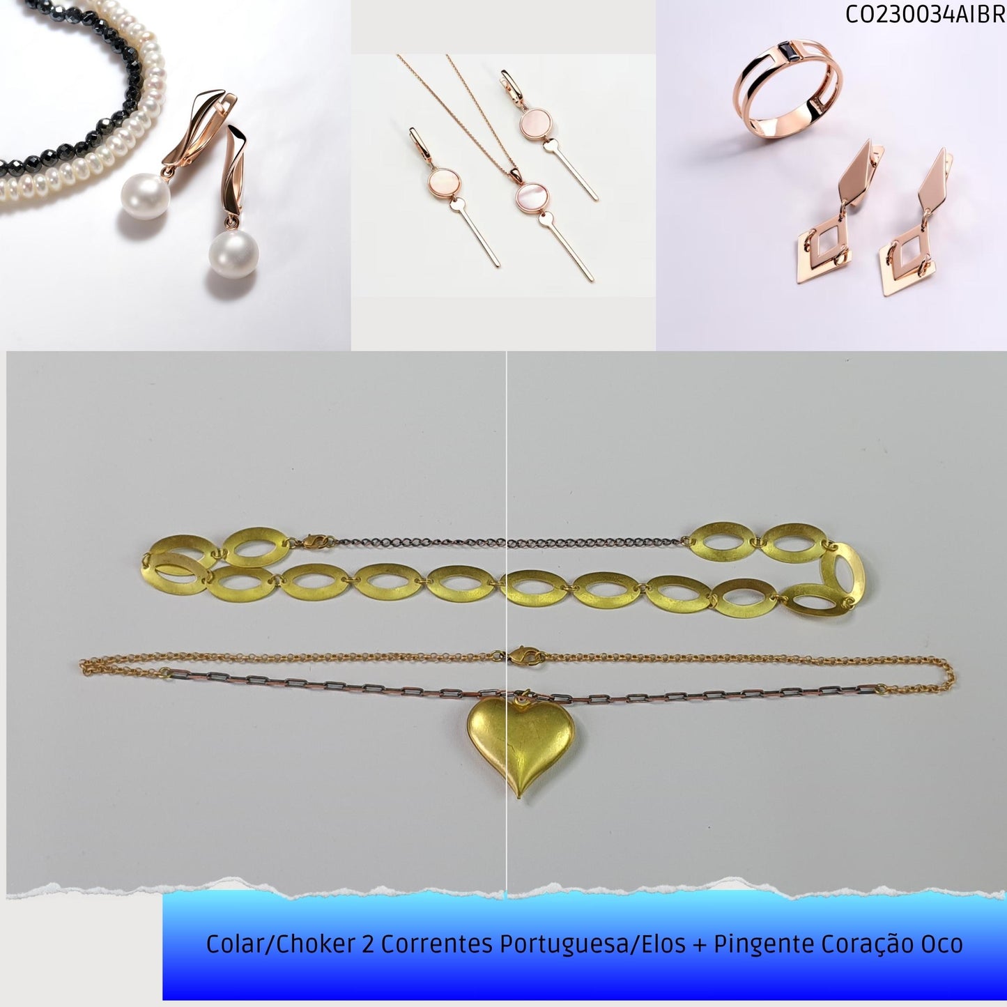 Colar/Choker 2 Correntes Portuguesa/Elos + Pingente Coração Oco  - Código.: CO230034AIBR  - Peso.: 18.9 gr