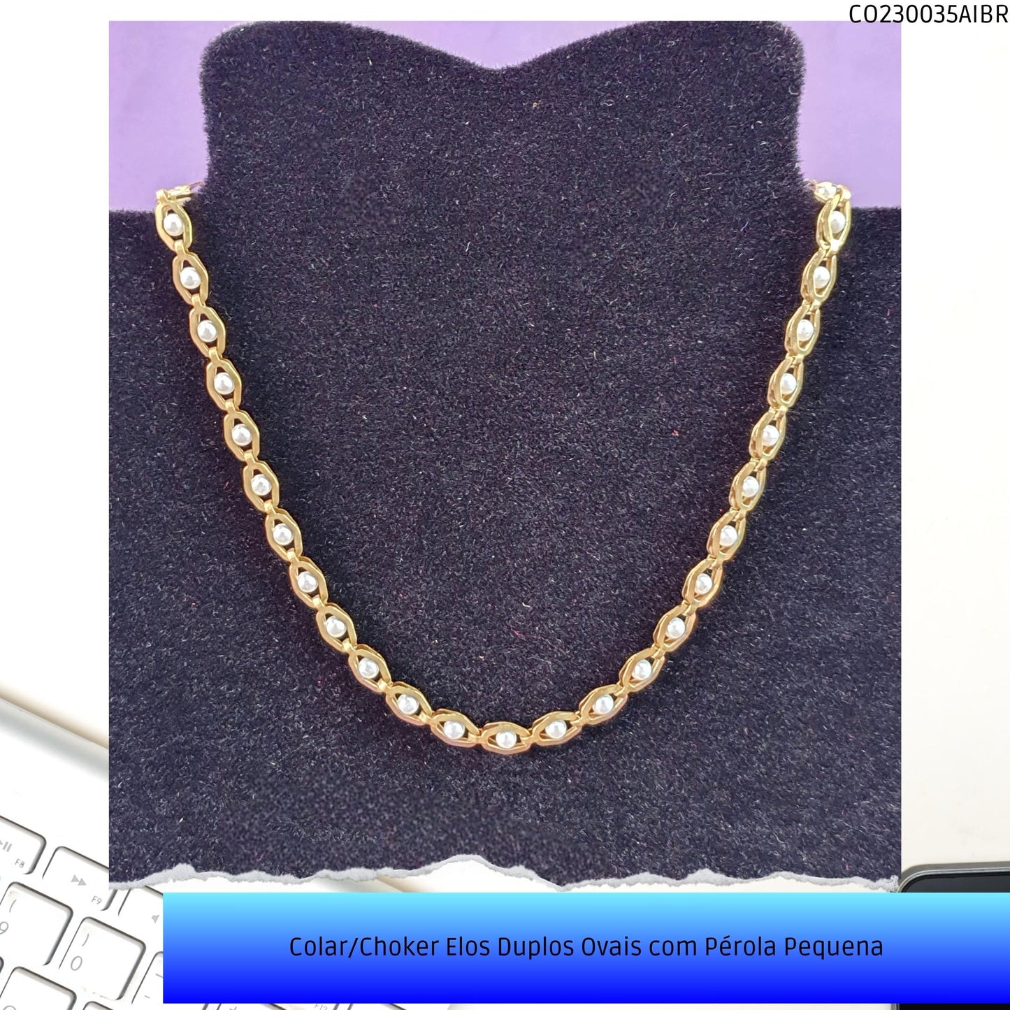 Colar/Choker Elos Duplos Ovais com Pérola Pequena  - Código.: CO230035AIBR  - Peso.: 6.6 gr