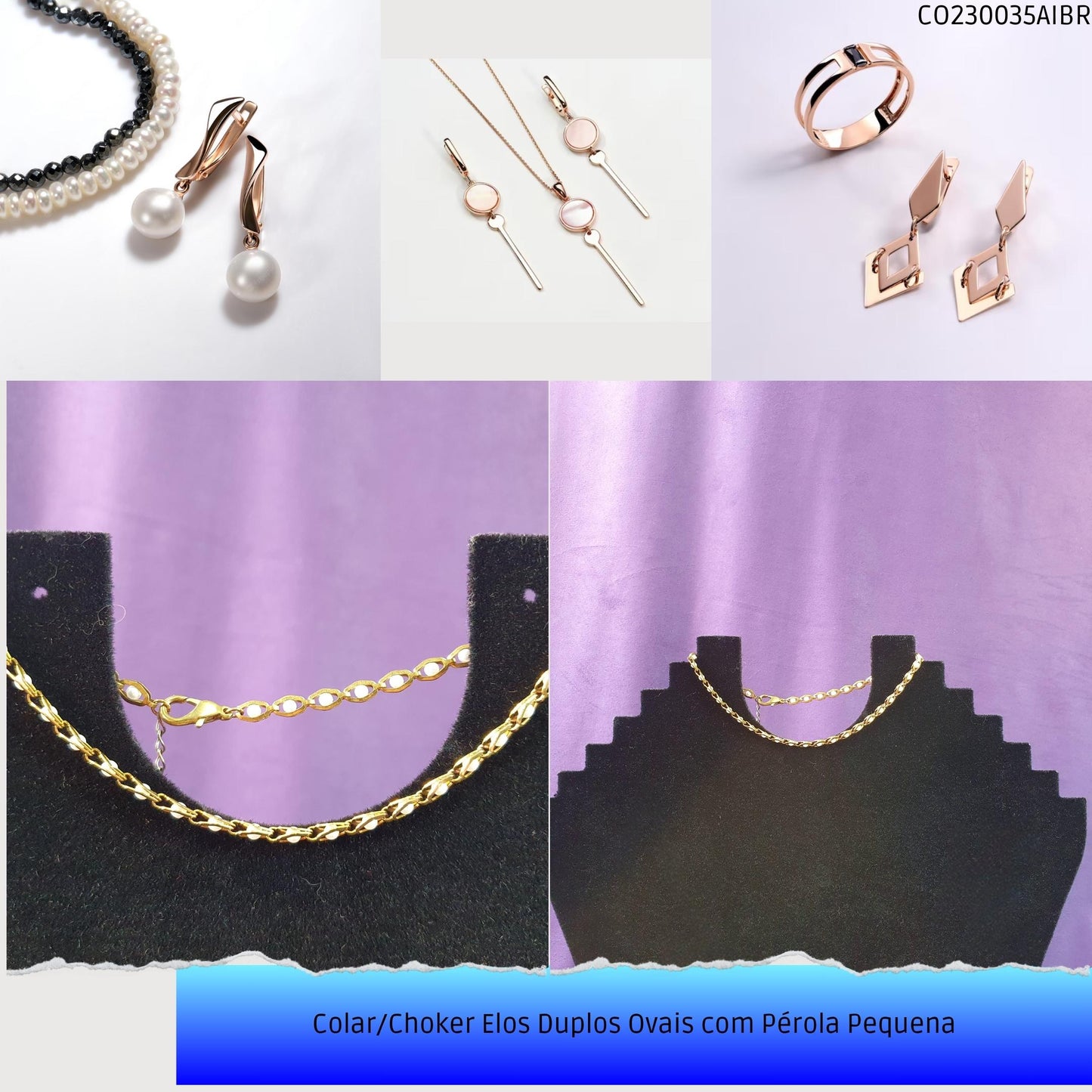 Colar/Choker Elos Duplos Ovais com Pérola Pequena  - Código.: CO230035AIBR  - Peso.: 6.6 gr