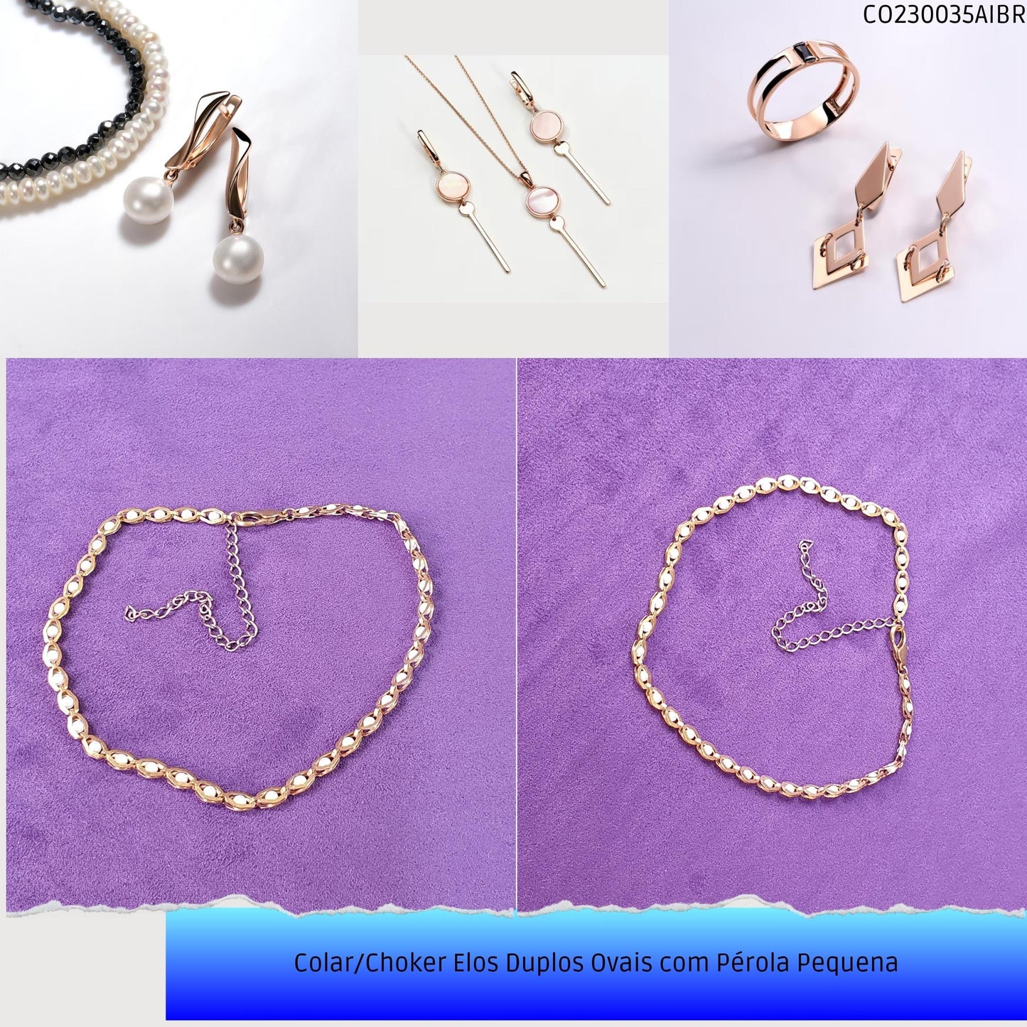 Colar/Choker Elos Duplos Ovais com Pérola Pequena  - Código.: CO230035AIBR  - Peso.: 6.6 gr