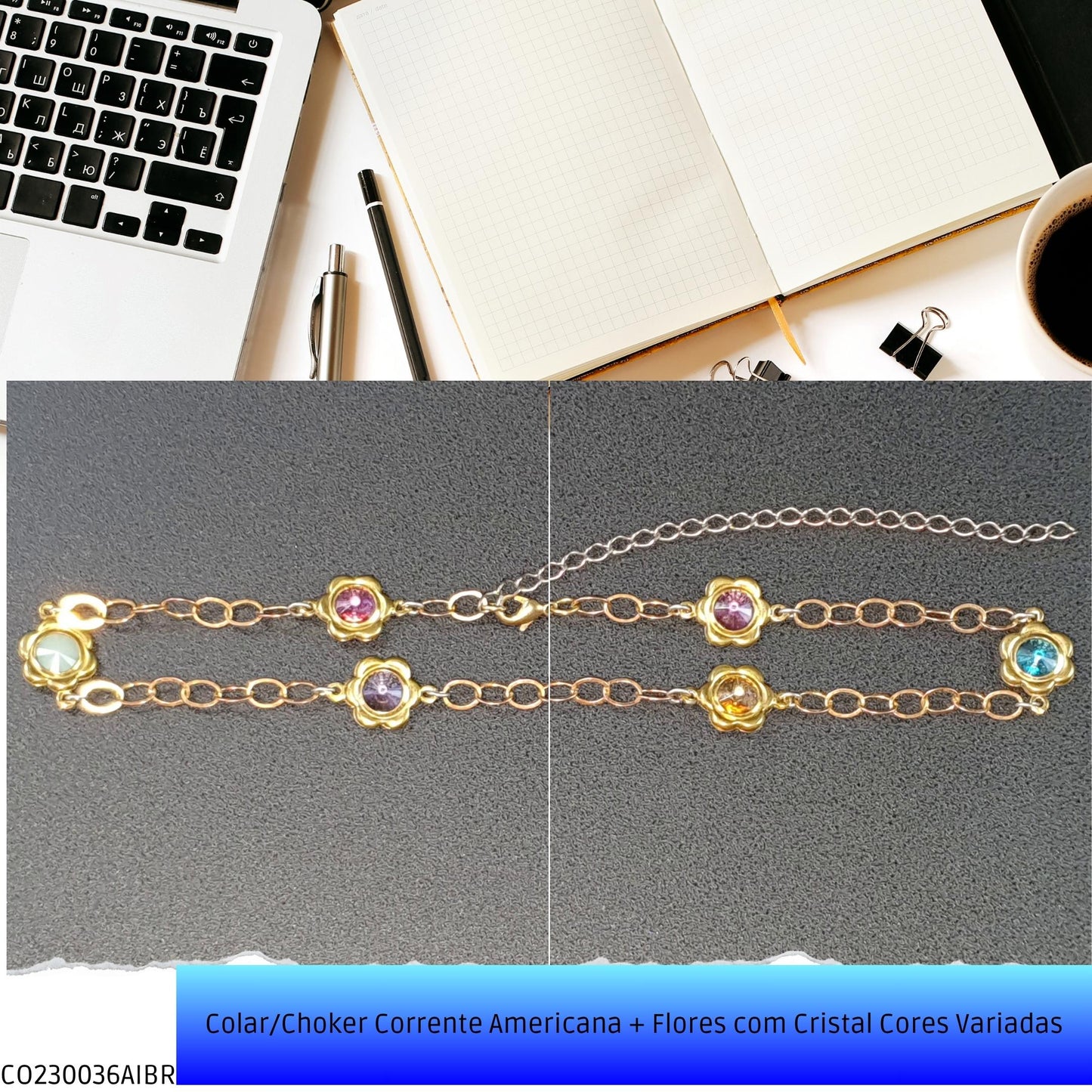 Colar/Choker Corrente Americana + Flores com Cristal Cores Variadas  - Código.: CO230036AIBR  - Peso.: 7.9 gr