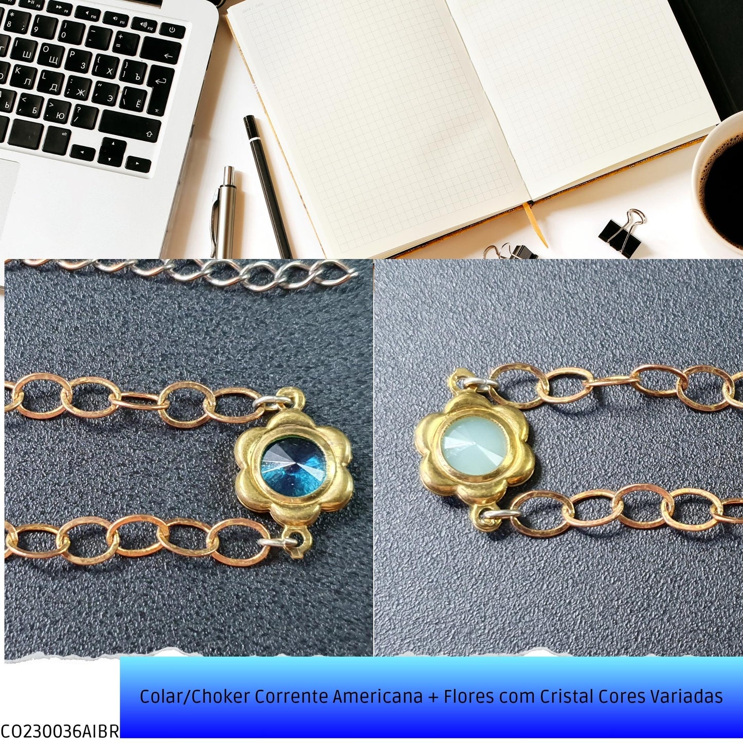 Colar/Choker Corrente Americana + Flores com Cristal Cores Variadas  - Código.: CO230036AIBR  - Peso.: 7.9 gr