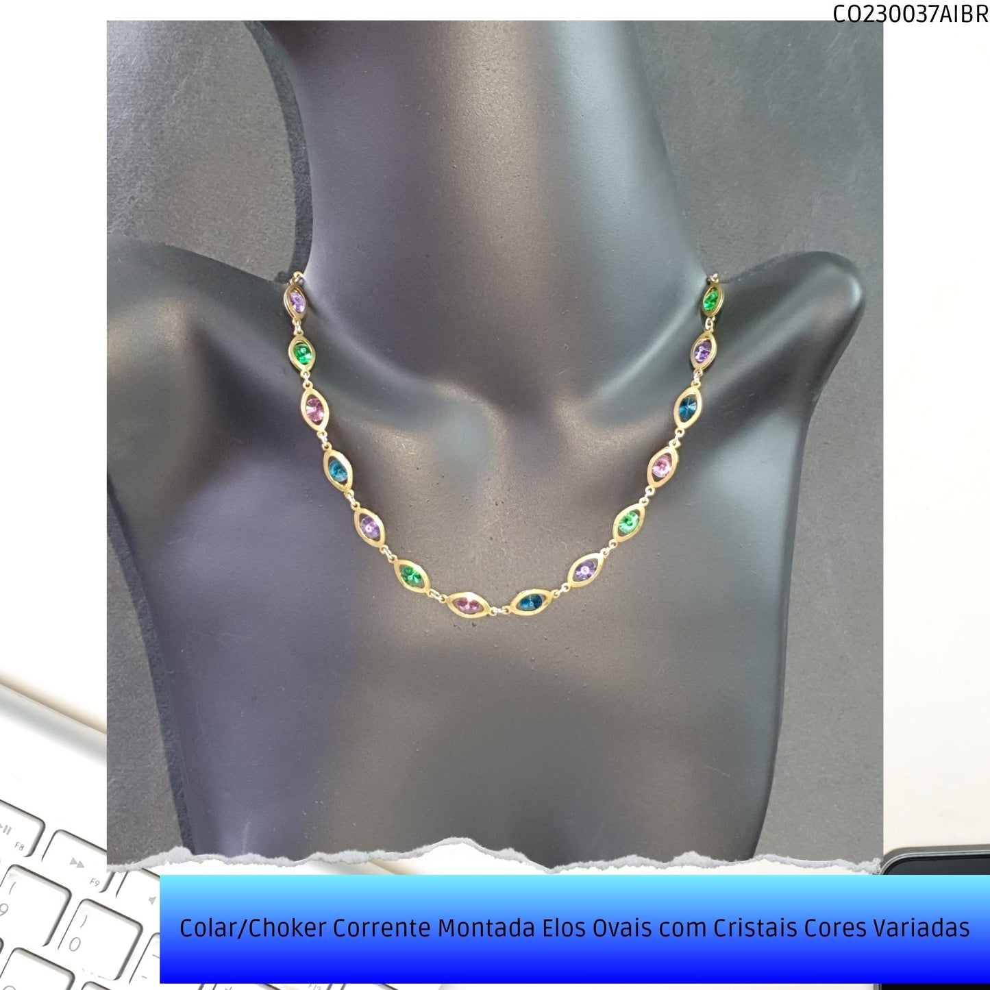 Colar/Choker Corrente Montada Elos Ovais com Cristais Cores Variadas  - Código.: CO230037AIBR  - Peso.: 8.5 gr