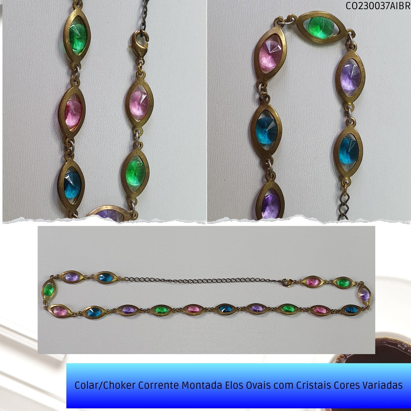 Colar/Choker Corrente Montada Elos Ovais com Cristais Cores Variadas  - Código.: CO230037AIBR  - Peso.: 8.5 gr